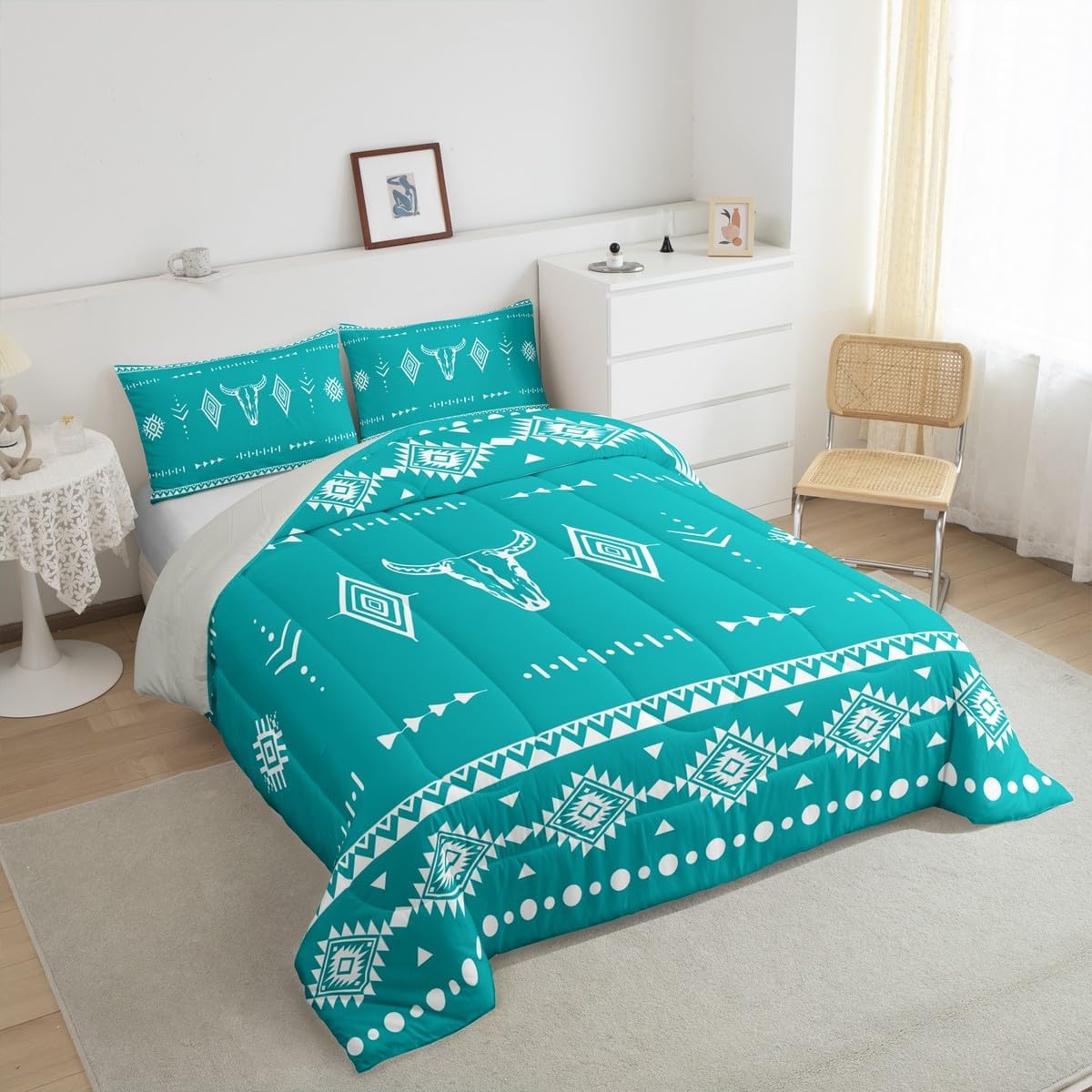 Erosebridal Bull Skull King Size Comforter Set, Western Cowboy Bedding Set for Boys Girls Men Women Room Decor, Southwestern Native Quilt, Boho Aztec Ethnic Horns Duvet Insert