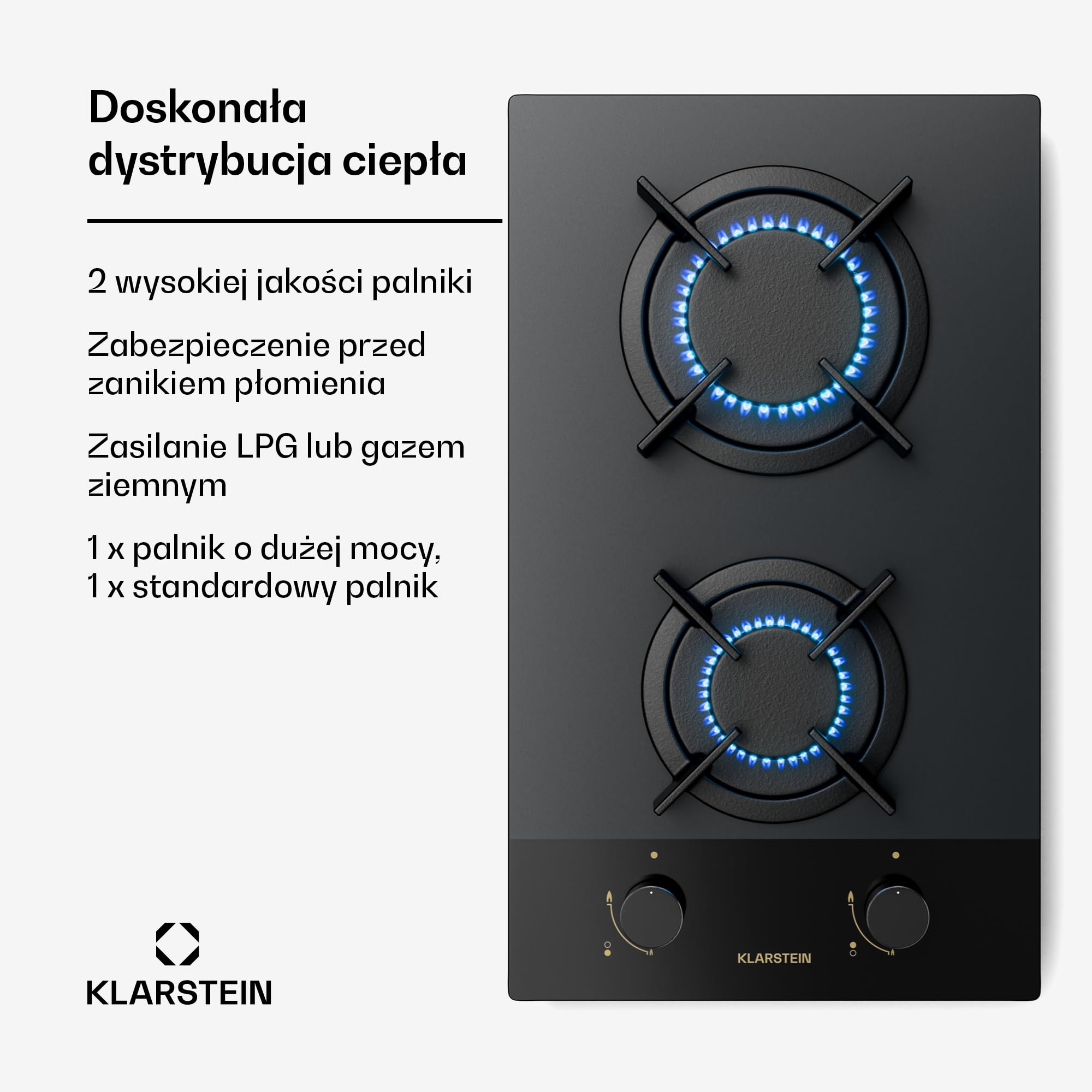 Klarstein Goldflame Nano Płyta gazowa, 2 palniki, 30 cm, Palniki mosiężne i żeliwne ruszty, 4200 W, Szkło z powłoką nano, Zabezpieczenie płomienia i automatyczny zapłon, Przezbrojenie LPG/gaz ziemny