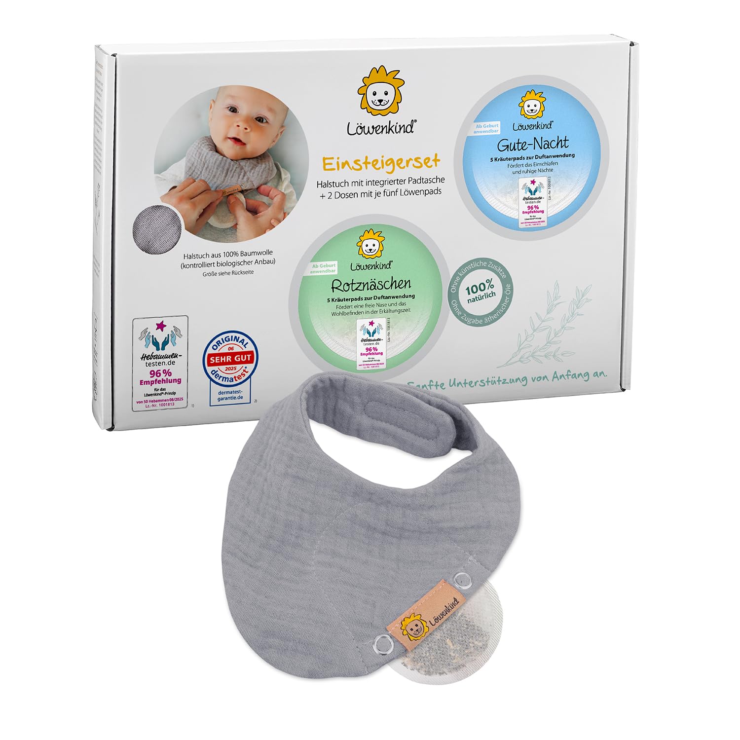 Löwenkind Einsteigerbox "Newborn" Grau mit Rotznäschen- und Gute-Nacht-Pads- Kräuterpads zur natürlichen Unterstützung in der Erkältungszeit und bei Schlafproblemen für Neugeborene bis 6 Monate