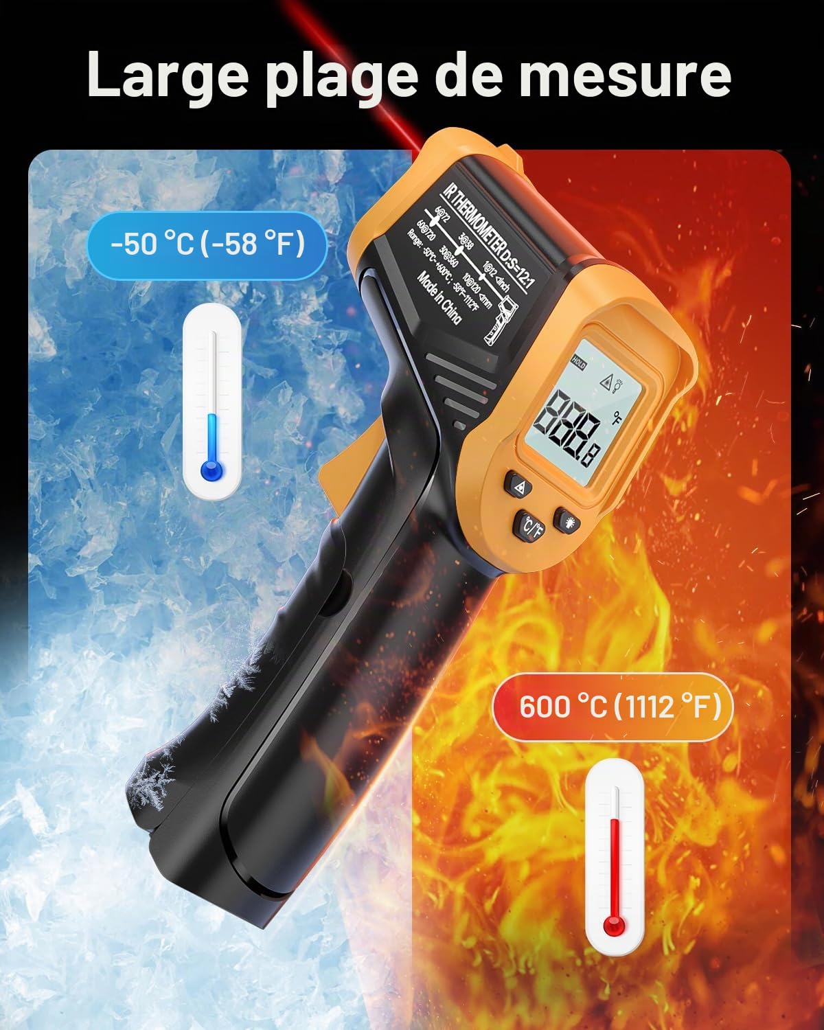 Eventek Thermometre Laser, -50 ° C ~ 600 ° C (-58 ° F ~ 1112 ° F) Thermomètre Infrarouge Sans Contact avec Emissivité Réglable, thermometre four a pizza pour Cuisine/BBQ/Industrie Thermomètre à Viande
