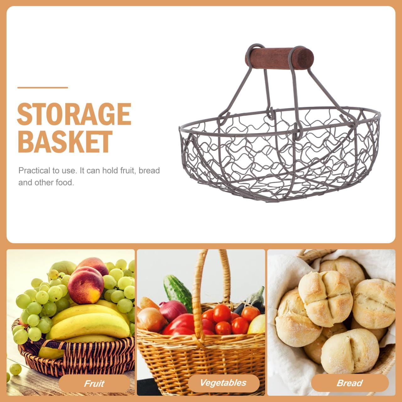 DOITOOL 3Pcs Wire Egg Basket with Wood Handle Country Vintage Style Egg Gathering Basket Wire Fruit Storage Basket Vegetables Container for Carrying and Collecting Chicken Eggs