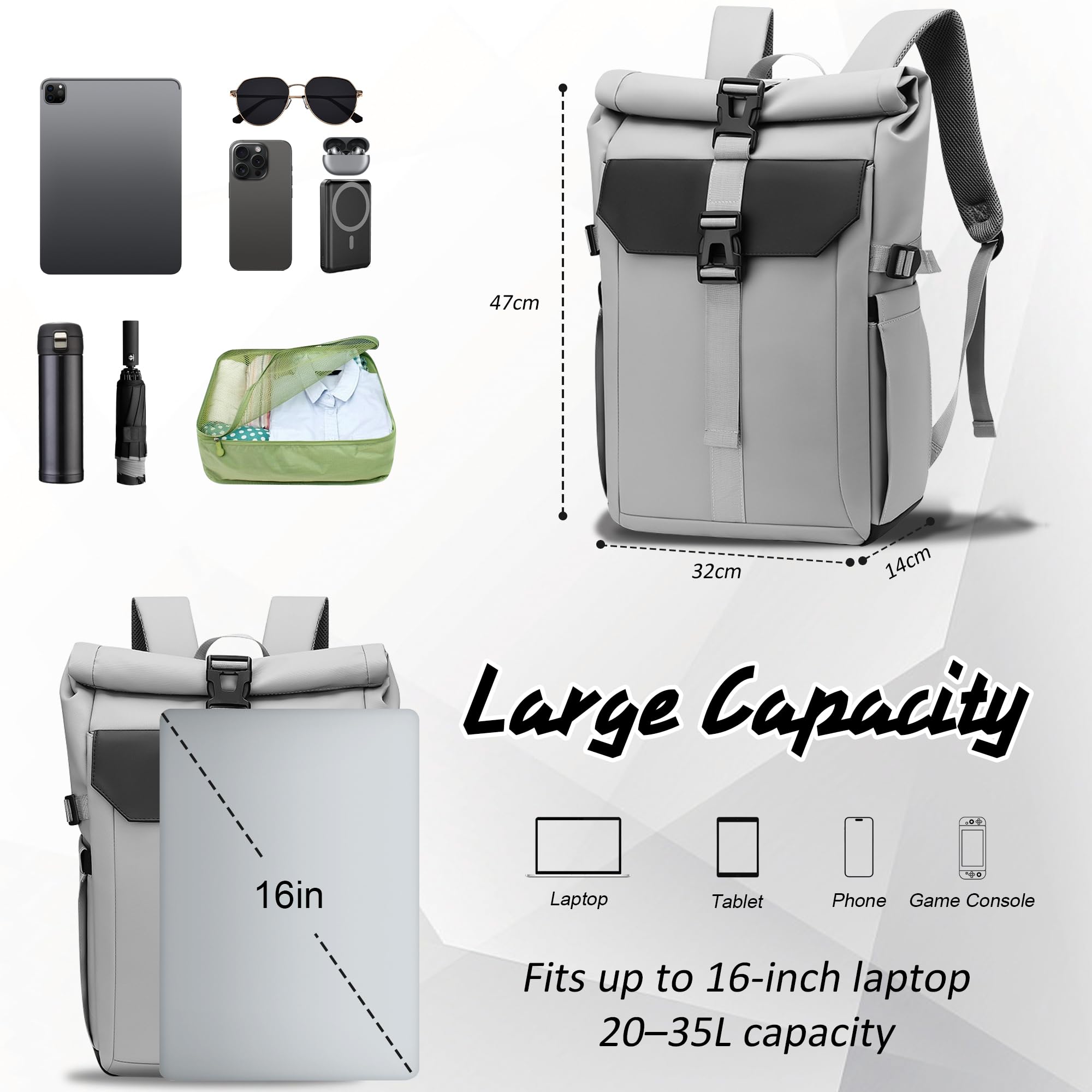 shepretty Rolltop plecak wodoszczelny, dla kobiet i mężczyzn, duży plecak na laptopa z kieszenią na komputer o przekątnej ekranu 16", elegancki plecak podróżny, plecak dzienny, na podróż, do jazdy na