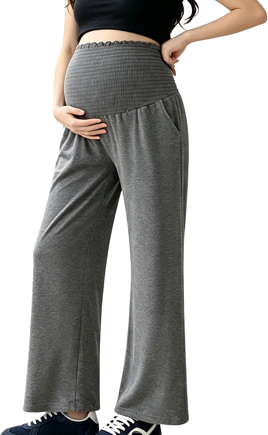 Freebily Maternity Wide Leg Pants with Pockets Loose Fit Over The Belly Pregnancy Women Versatile Trousers