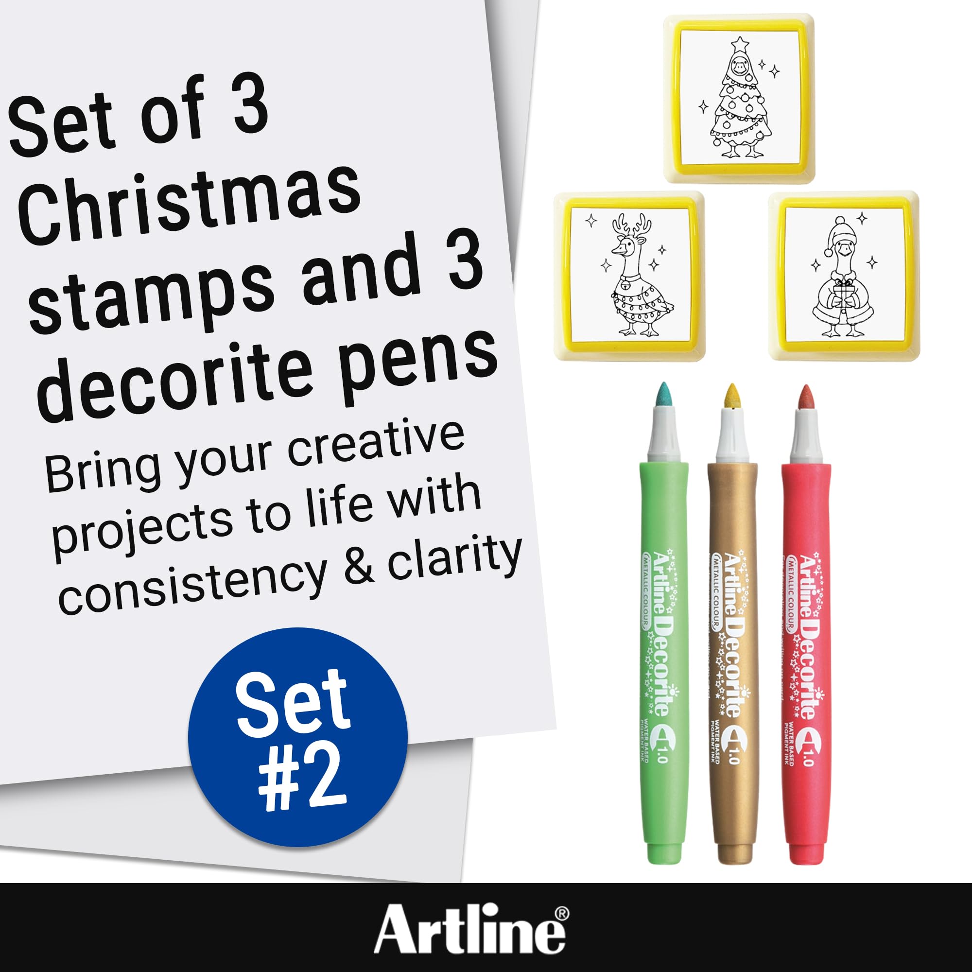 Artline Pre Inked Christmas Stamps and Decorite Pen Set (Goose on The Loose Set 2) 3X Red and Black Ink Stampers and 3X Colouring Pens for Christmas Crafts - Genuine Artline Art Supplies - Image 2