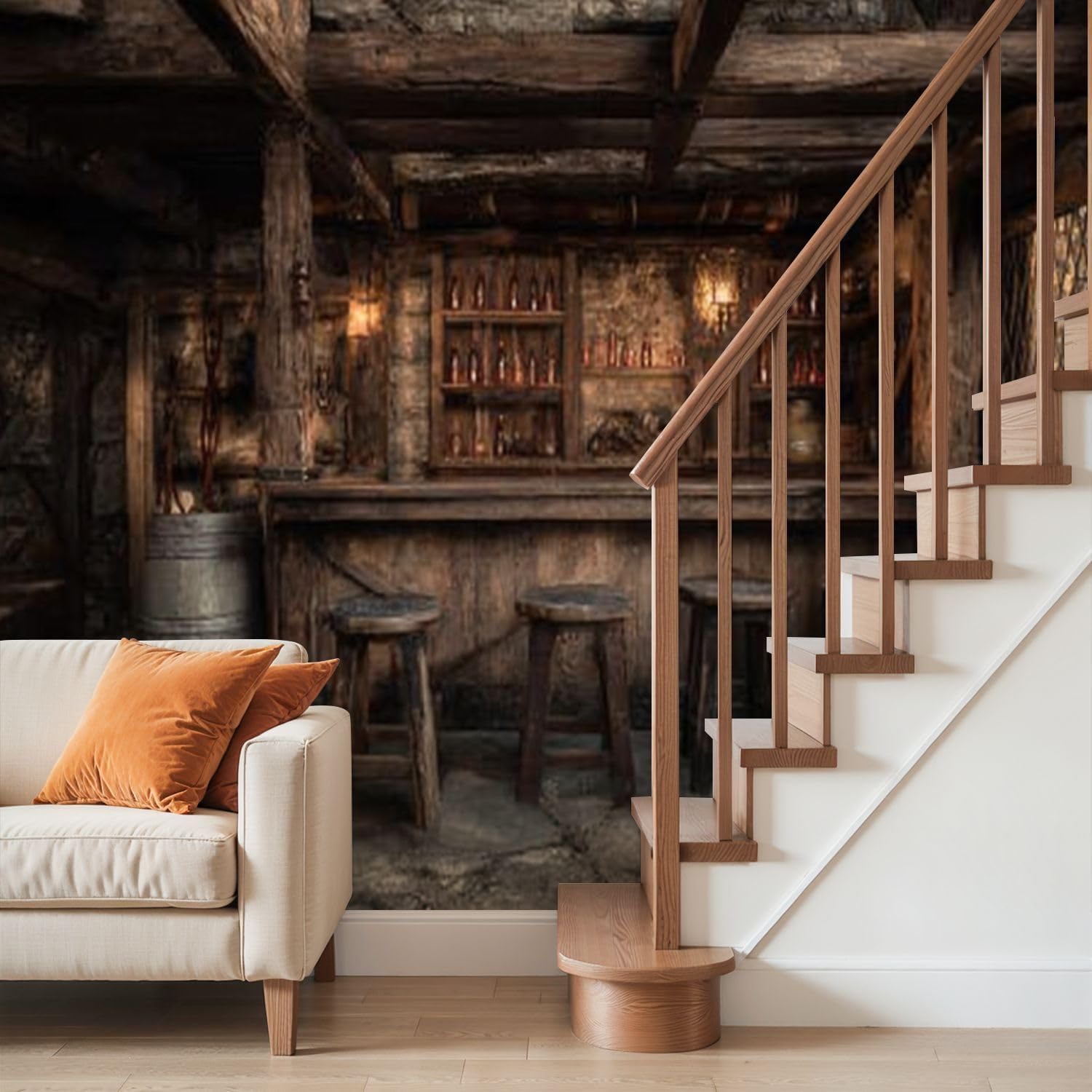 Wall Mural Peel and Stick Medieval Tavern bar Wooden stools Stone Floor lit by Hanging Candles Wallpaper Self Adhesive Removable Large Wall Stickers Home Decor for Living Room Bedroom 100"x144"