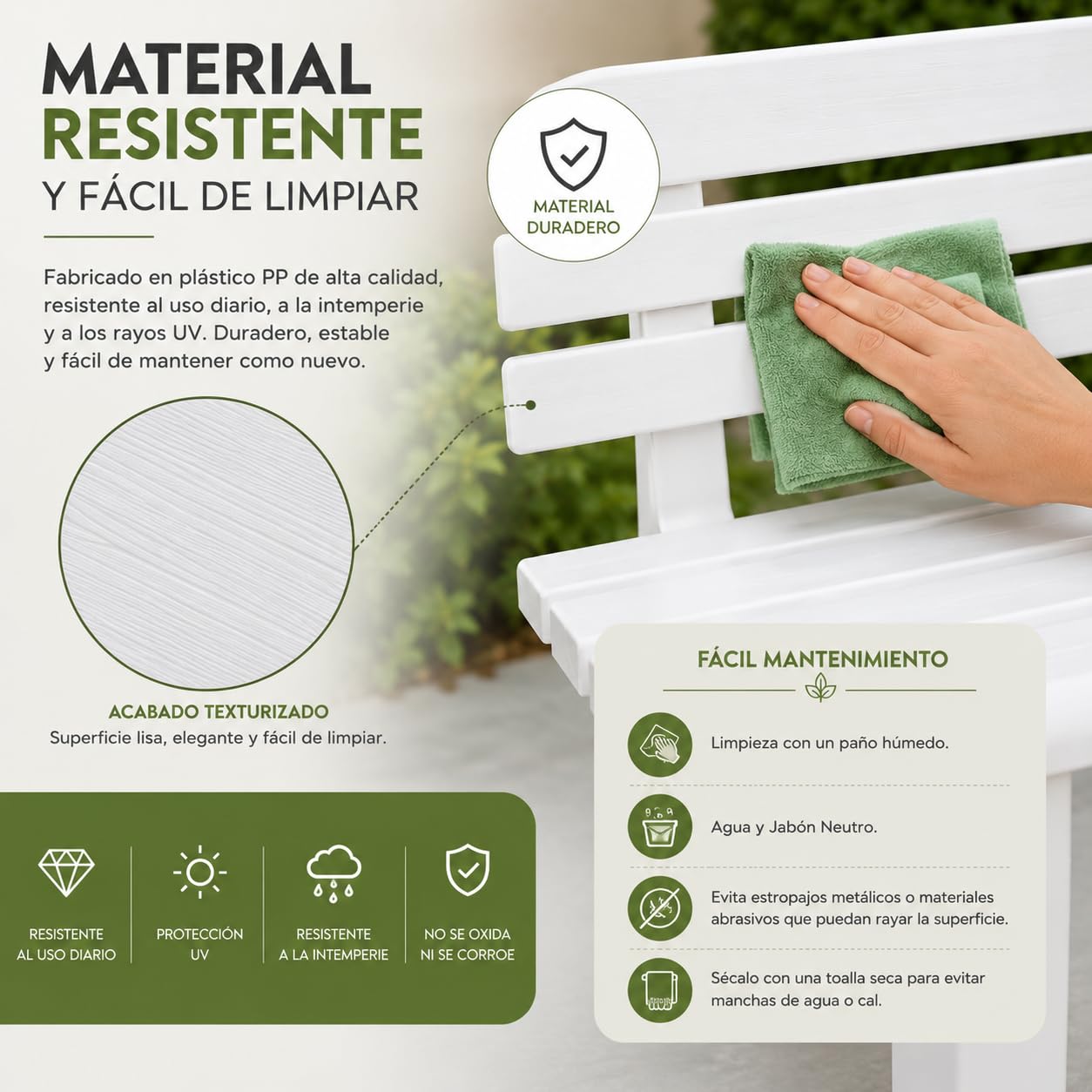 Banco de Jardín Exterior 2 Plazas 110x52x71 cm Plástico PP Resistente Blanco 130 kg