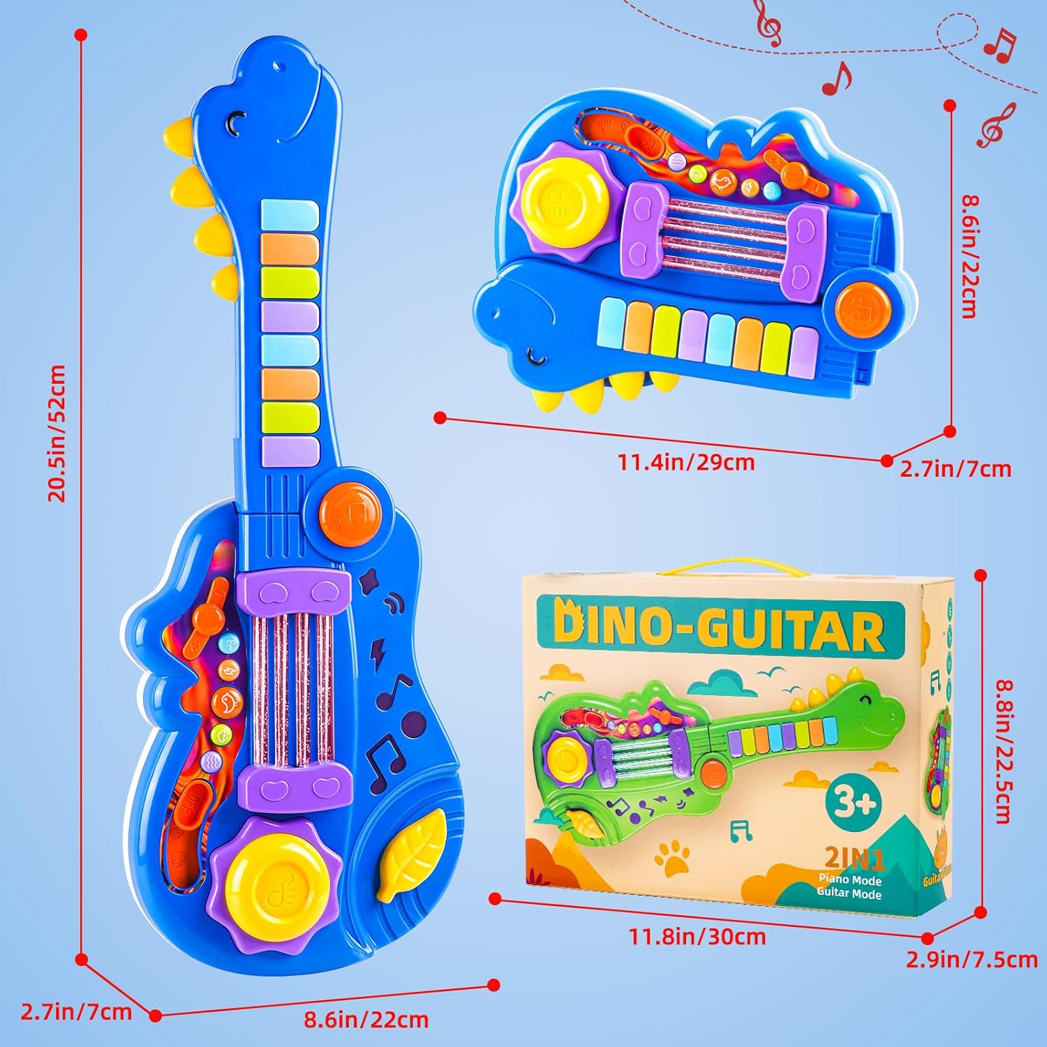 Dinosaur Kids Guitar 2-in-1 Musical Instruments for 3 4 5 Year Old Boys Girls Gifts, Toddler Electric Guitar Piano Toy with Strap & Dino Design (Blue)