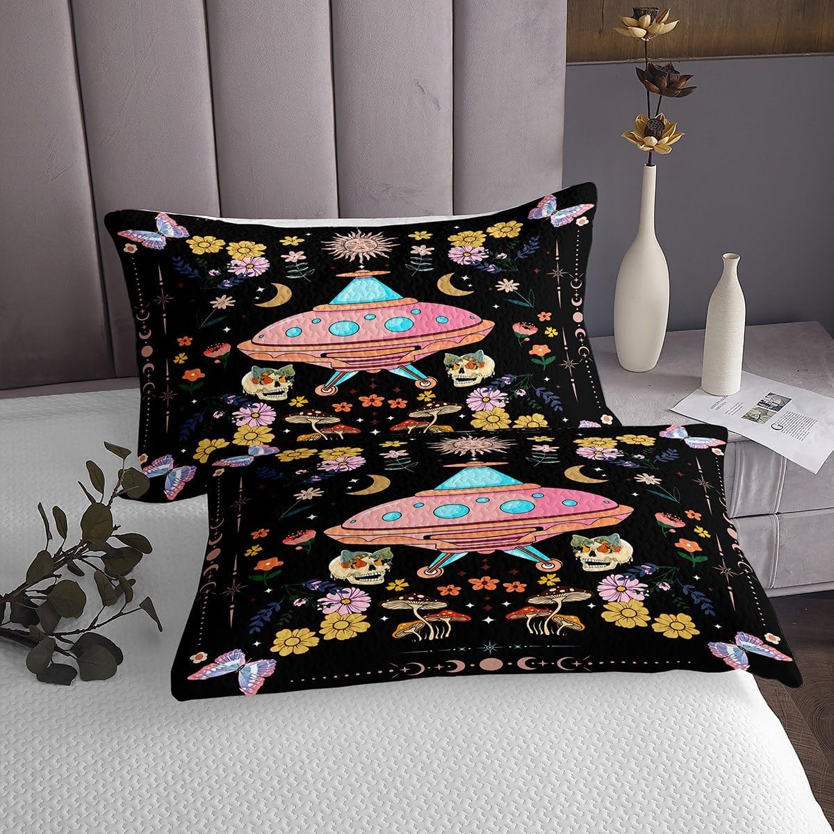 Homewish Cartoon UFO Spacecraft Bedspread Twin Size,Cute Sugar Skull Mushroom Bedding Set for Kids Boys Girls Teens Room Decor,Watercolor Floral Butterfly Comforter Set Pink Black Quilt Coverlet 2Pcs