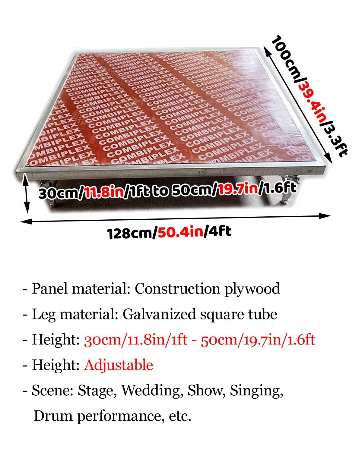 Palco Modulare Palco Portatile per Concerti con Gambe Pieghevoli, Palcoscenico da Montare per Spettacoli, Ballerini, Batteria, Palcoscenico per Batteria Scolastica(H 30-50cm/11.8-19.7in)