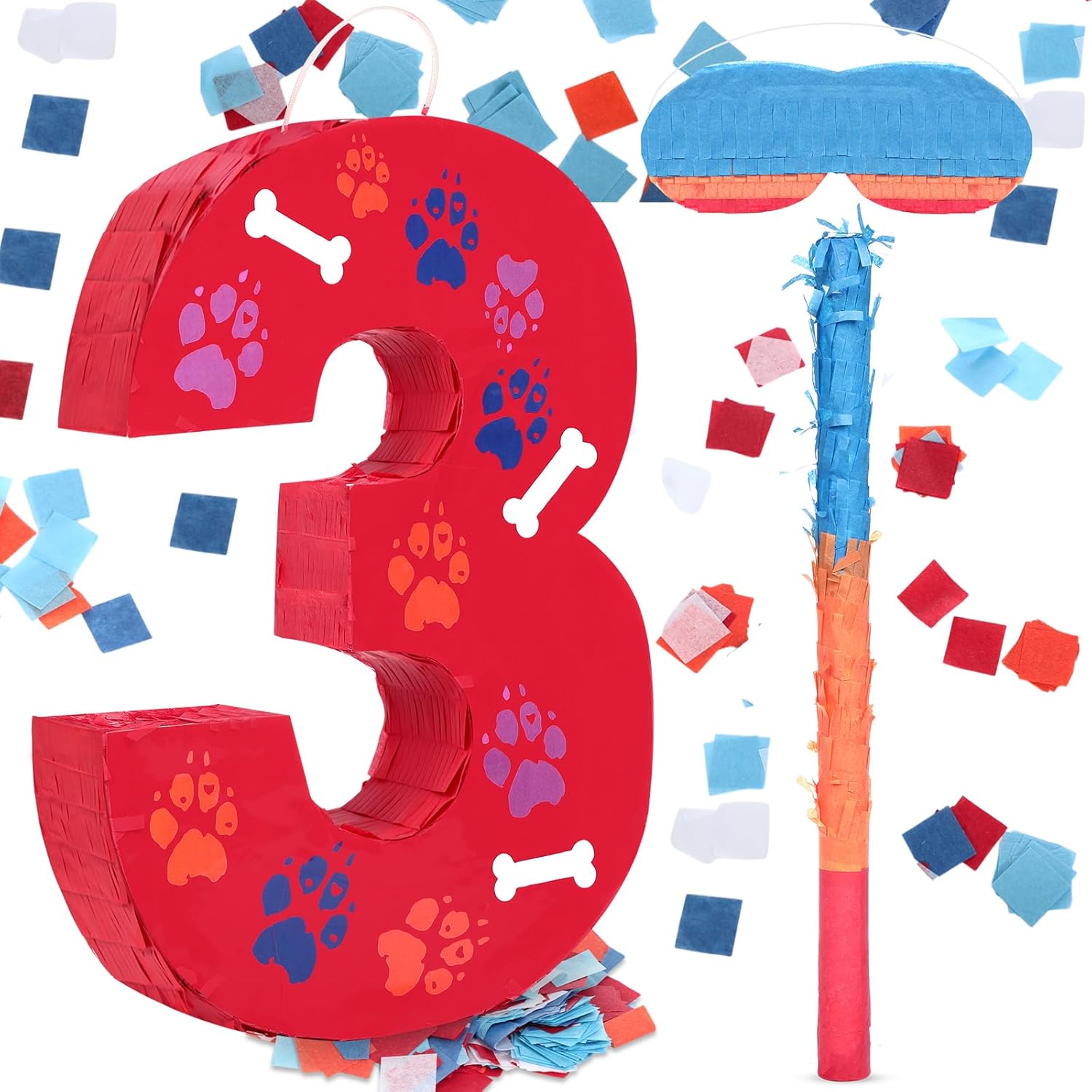 Hiboom 13.7 Inch Dog Paw Red Piñata 4th Birthday Party Decoration Piñata with 9.8 Inch Stick Blindfold Confetti Number 3 4 5 Birthday Themed Gifts for Kid Boy Girl Fun Dog Footprints Bone Photo Prop