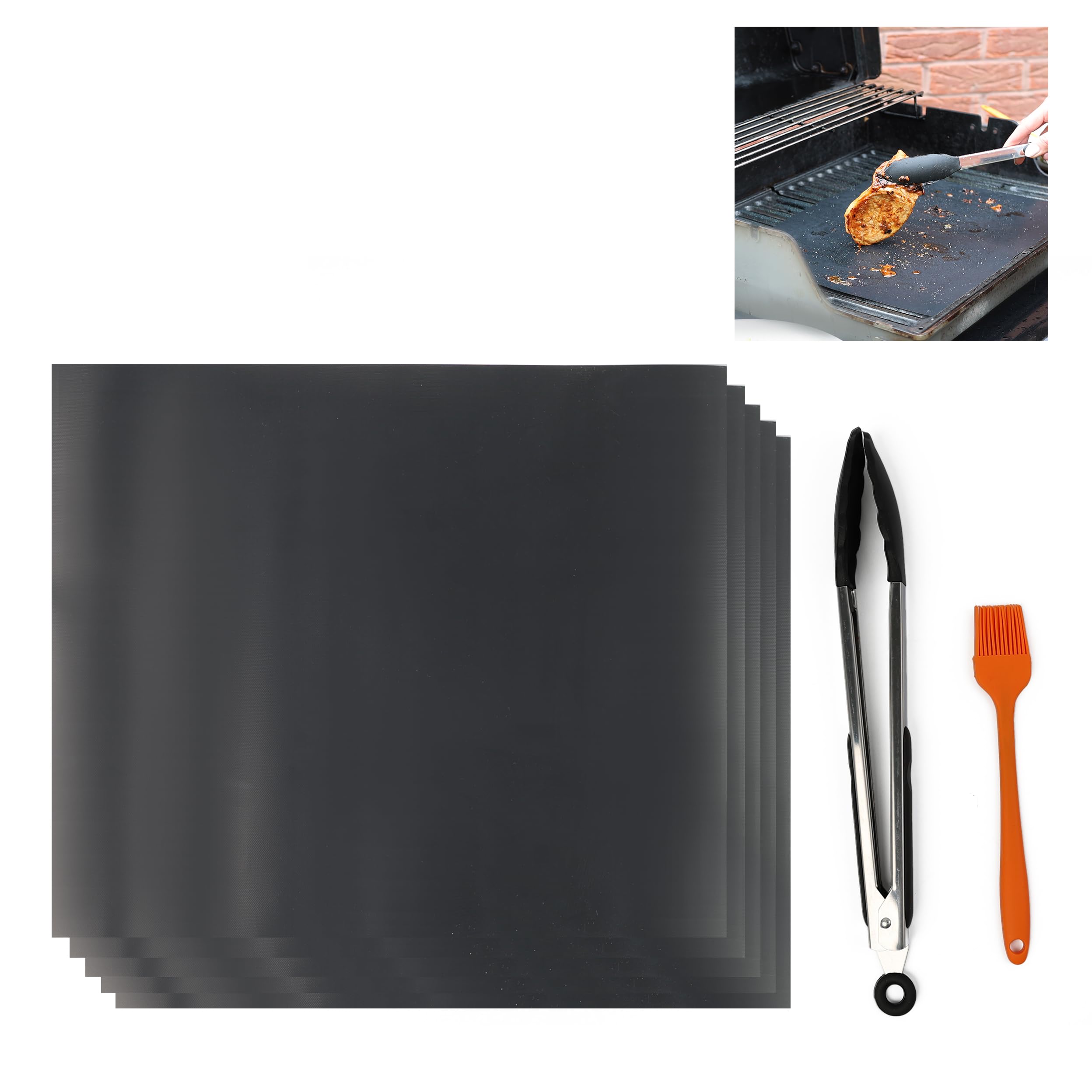 DIVCHI BBQ Grill Mats 5 Pcs, Mat Non-stick Barbecue Grill & Baking Mats For Baking on Gas, Charcoal, Oven And Electric Grills - Reusable - Free 12" BBQ Tongs And 1 Silicone Brush