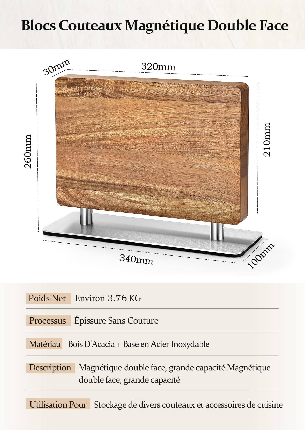 HEZHEN Bloc de Couteaux Magnétique, Porte-couteau en Bois D'Acacia, Aimanté Double Face Support à Couteaux, Outil de Rangement pour les Couteaux