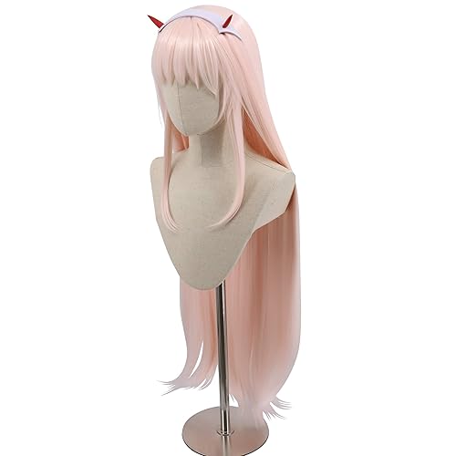 Miniatura 3 de Peluca larga y recta rosa para cosplay + cuerno para fiesta de Halloween, cosplay, pelucas de cabello resistentes al calor para mujeres