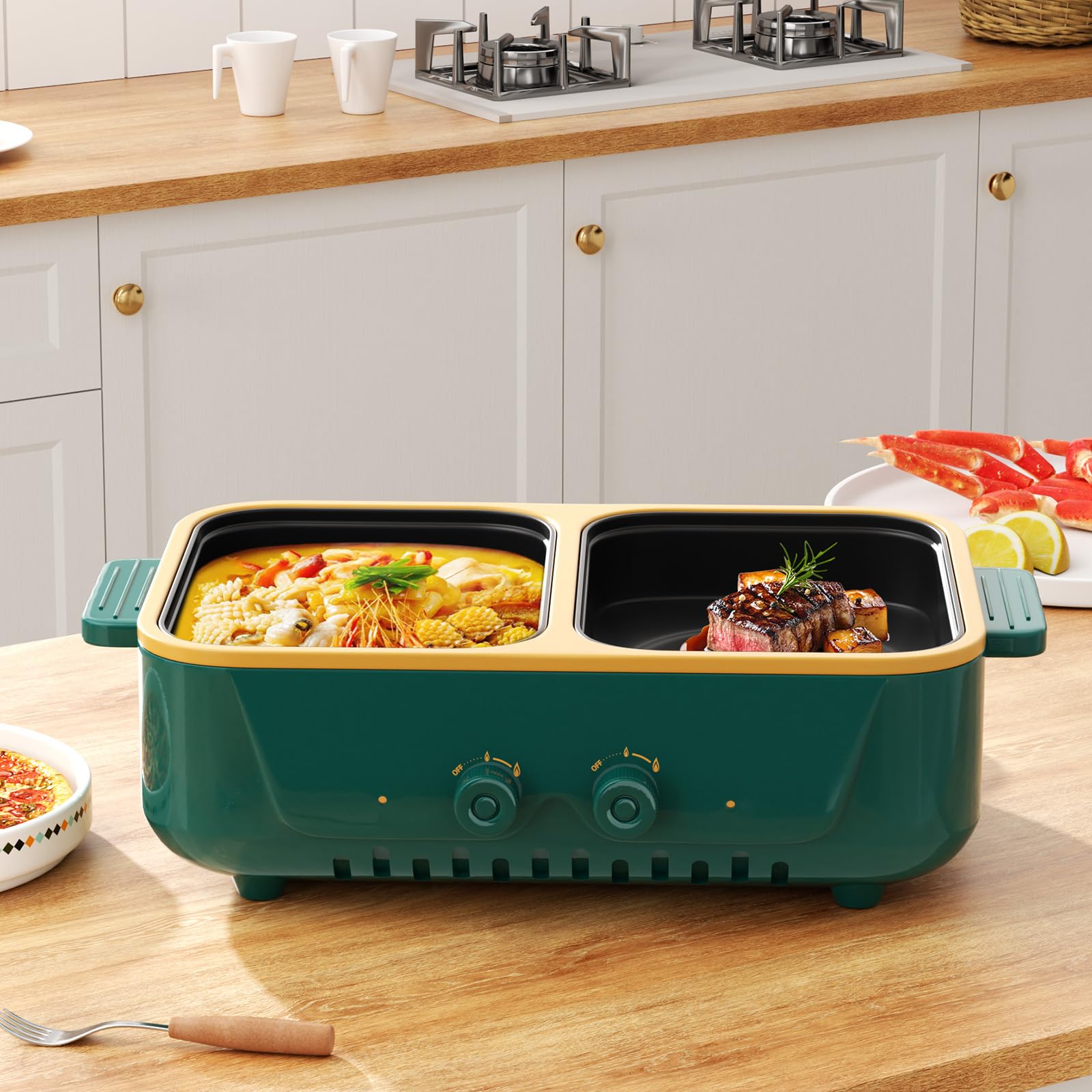 Olla eléctrica y parrilla 2 en 1, doble control de temperatura, calentamiento rápido - Electrodoméstico para cocinar en interiores: ideal para barbacoas, filetes, fideos y más - Hasta 4 pers (Verde S)