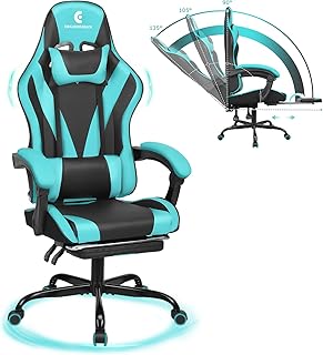 Gaming Chair with Linkage Armrest & Footrest, High Back Video Gaming Chair, Black/Light Blue - Buy now