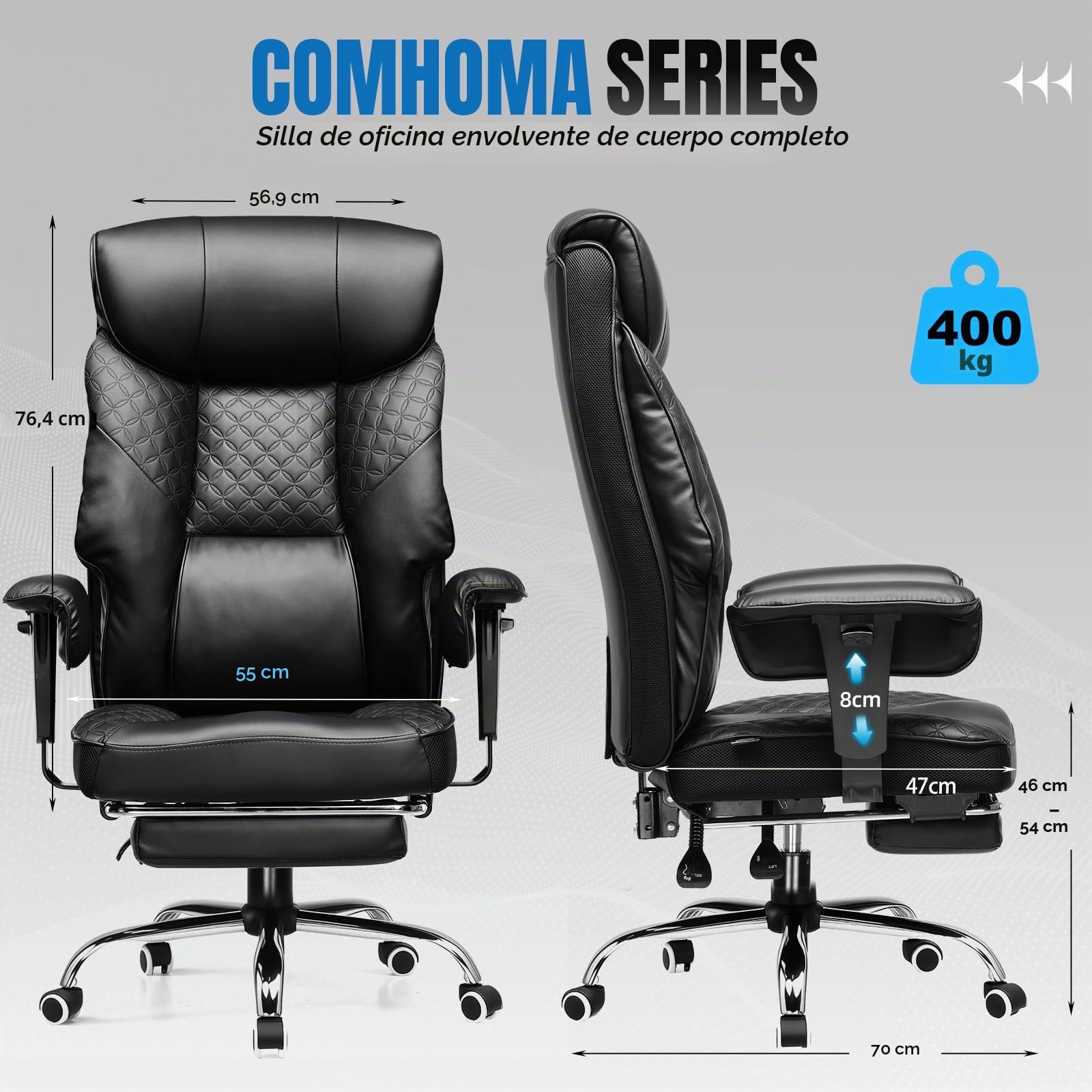COMHOMA Silla de gaming para personas grandes y pesadas, silla de oficina ergonómica hasta 180 kg, cojín 3D, ajustable con reposapiés, piel sintética, alto confort para oficina y gaming, color negro