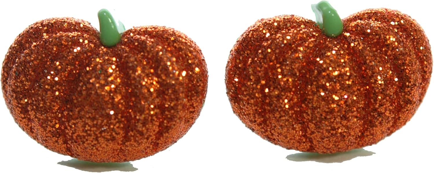 Bright Orange Glitter Pumpkin Halloween Clip On Earrings (H046clip)