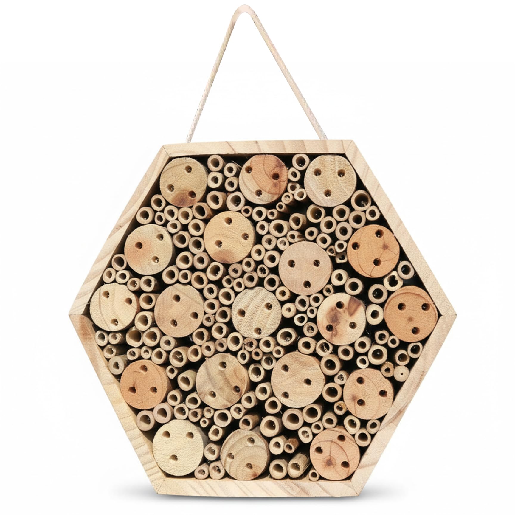 Bug Hotel Hexagon Casa in legno per giardino Hotel naturale con corda appesa, Mason Bee House per esterni per attirare impollinatori, decorazione giardino insetti