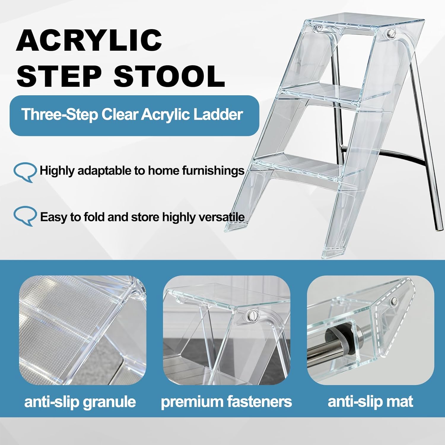 Folding Step Stool, Folding Stool with Acrylic 3-Step Design, Foldable Step Stool for Home Use, Portable Step Stool with Compact Fold, Collapsible Step Stool, Transparent