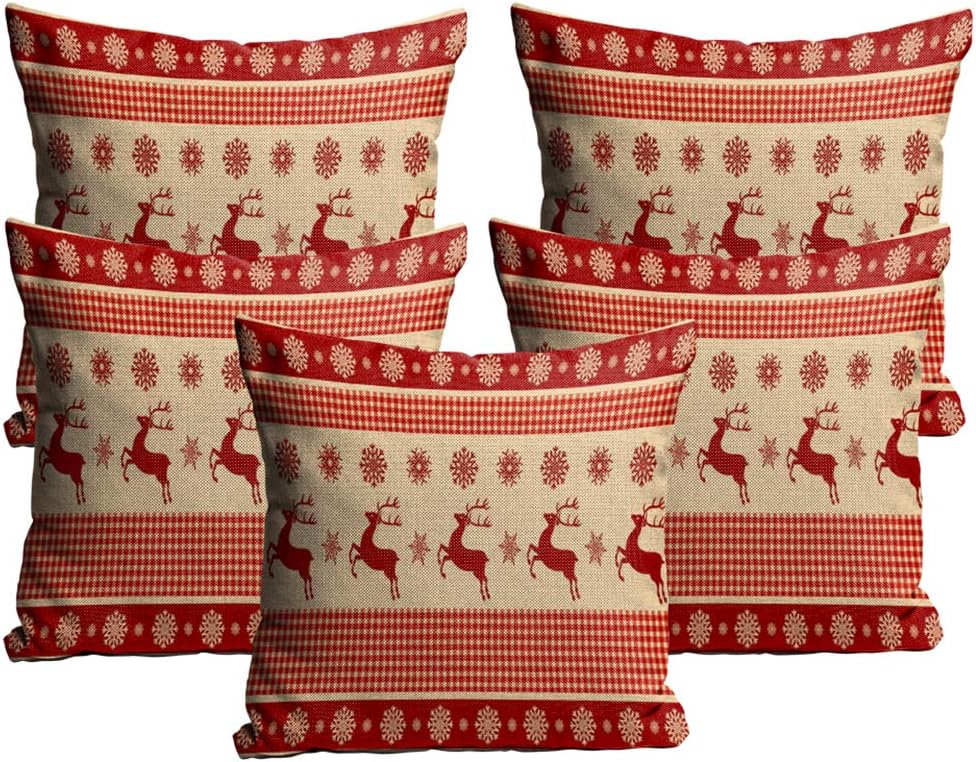 KesarEnterprises Christmas Cushion Cover in Jute Fabric Set of 5 Size-(16X16 Inches)