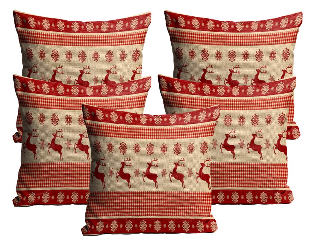 KesarEnterprises Christmas Cushion Cover in Jute Fabric Set of 5 Size-(16X16 Inches)