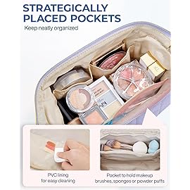 BAGSMART Makeup Bag Cosmetic Bag Wide Open, Purple, M, Wide-open Travel Makeup Bag With Puffy Padded and Rectangular Quilted