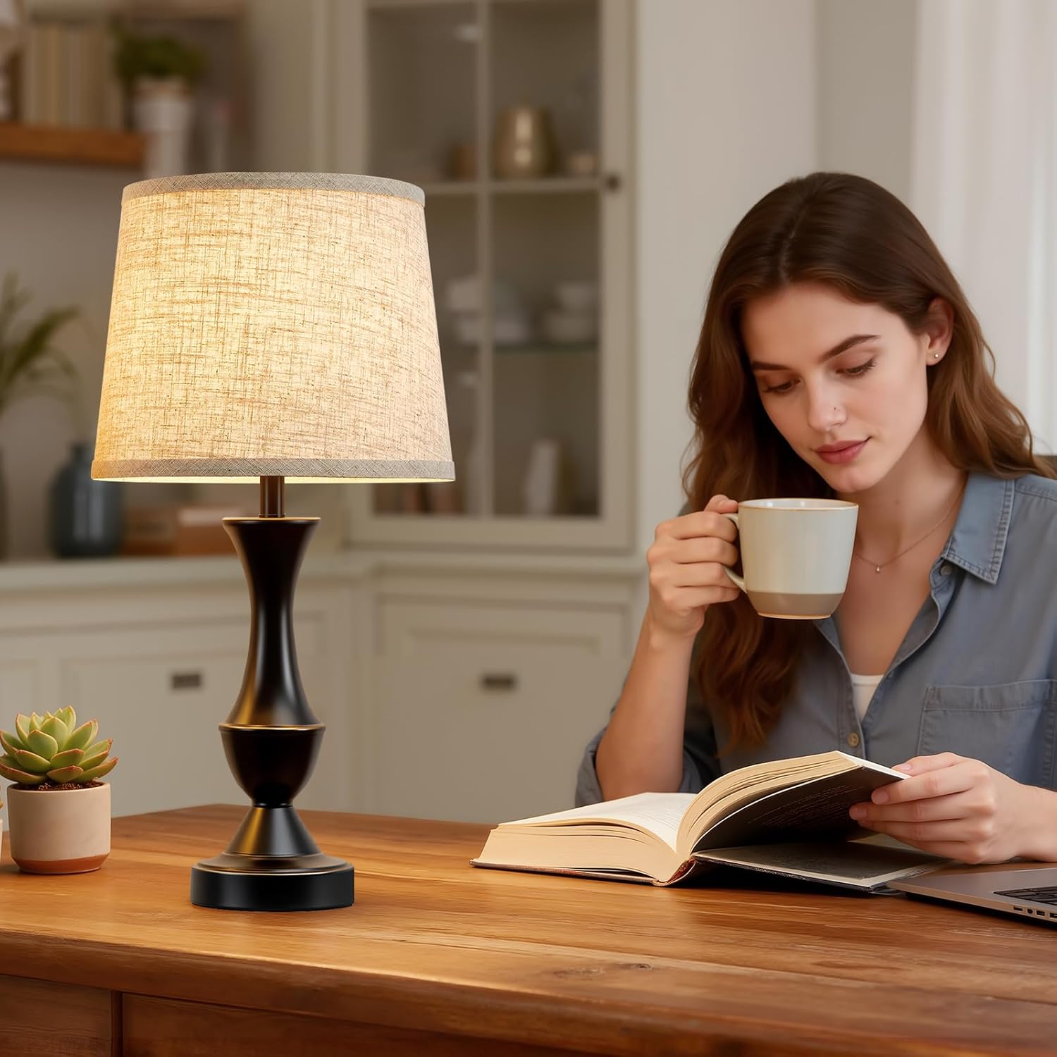 Luvkczc Table Lamp Set of 2, 19" Farmhouse Vintage Bedside Lamps for Living Room & Bedroom, Linen Shade Desk Lamps for Nightstand, Office, Study(Bulb not Included)