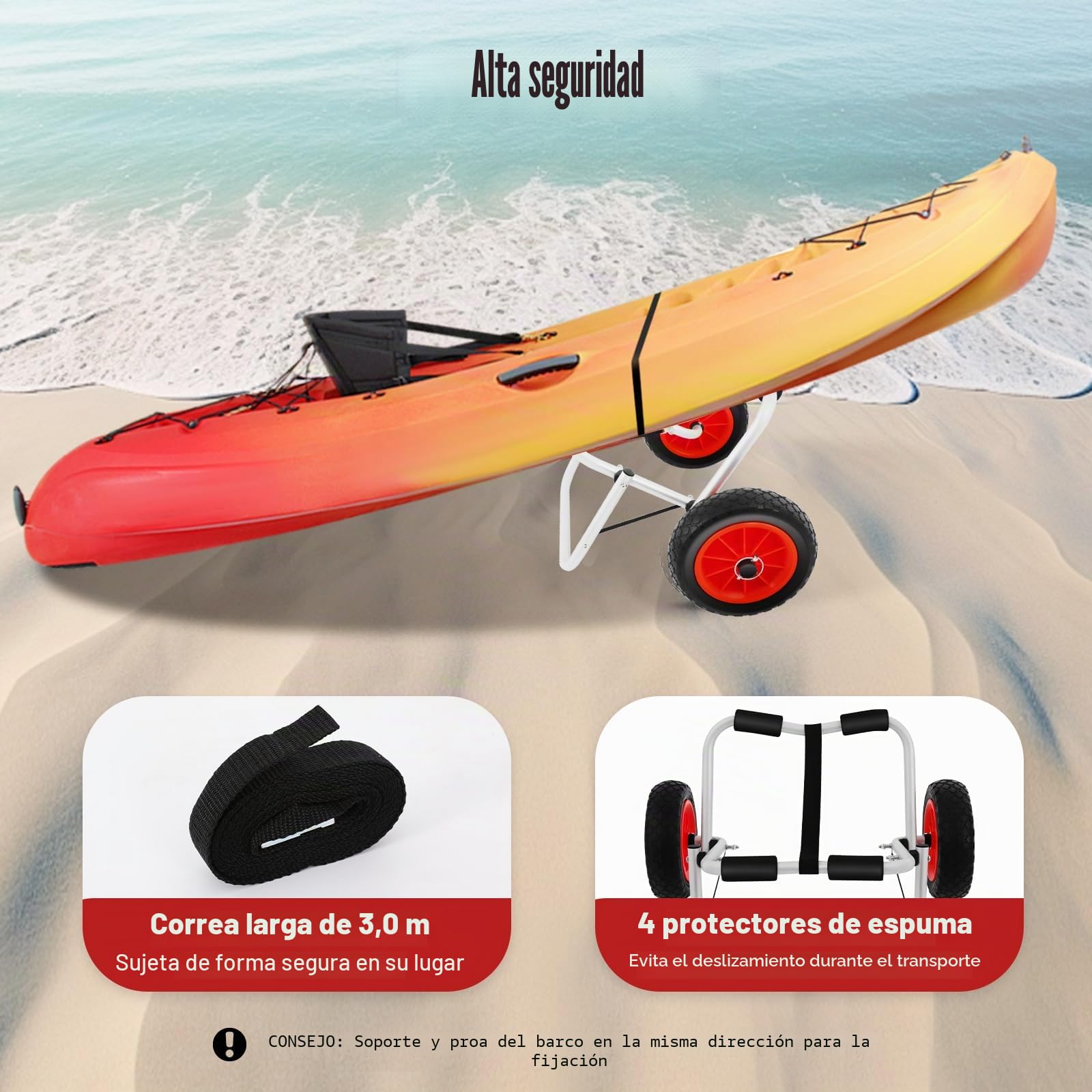Carrito plegable para kayak de hasta 80 kg, ruedas de 10 pulgadas