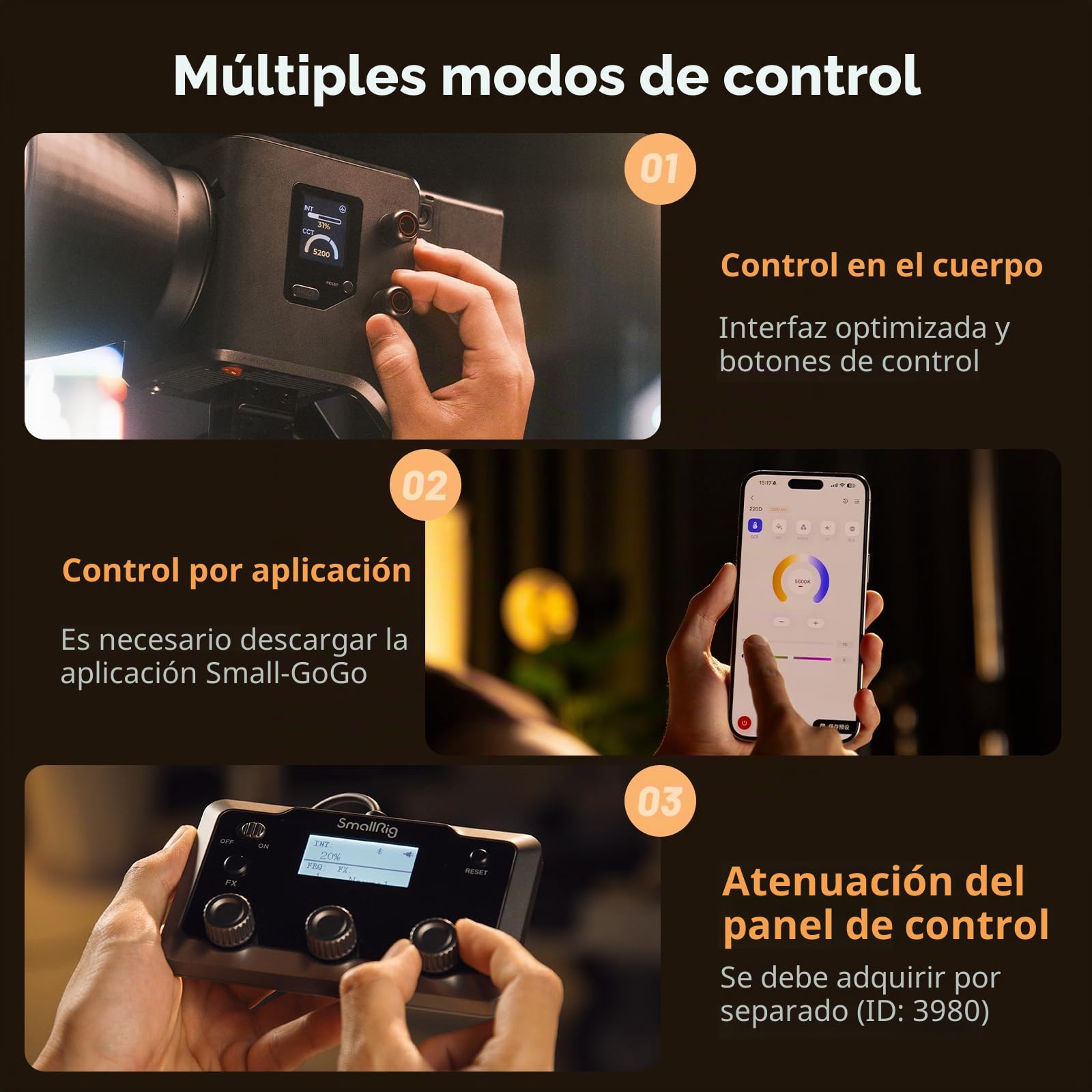 SMALLRIG RC 220B Pro Luz de Video COB de 220 W, Luz de Video Bicolor de 2700 K a 6500 K, Luz con Montura Bowens CRI 95+, Compatible con 3 Métodos de Suministro de Energía - 4621