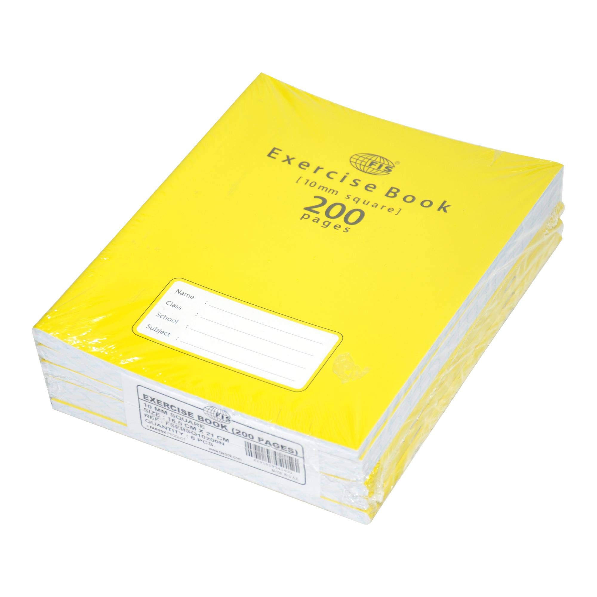 FIS® Exercise Books, 200 Pages, Size 16.5x21cm, 10mm Square Gridlines with Left Margin, Packet of 6 Pieces, Yellow Color-FSEBSQ10200N