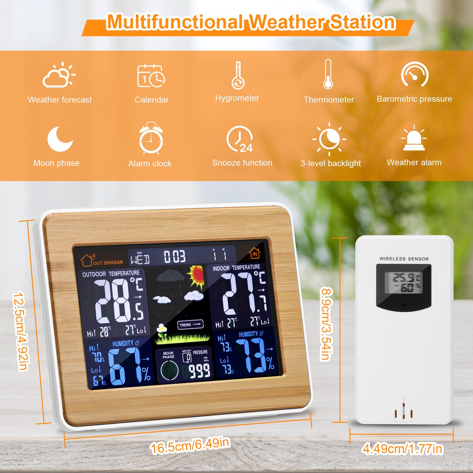 Station météo sans fil numérique colorée avec capteur extérieur, thermomètre intérieur et extérieur avec heure, date, température, humidité, baromètre, alarme, affichage des phases de la lune, horloge