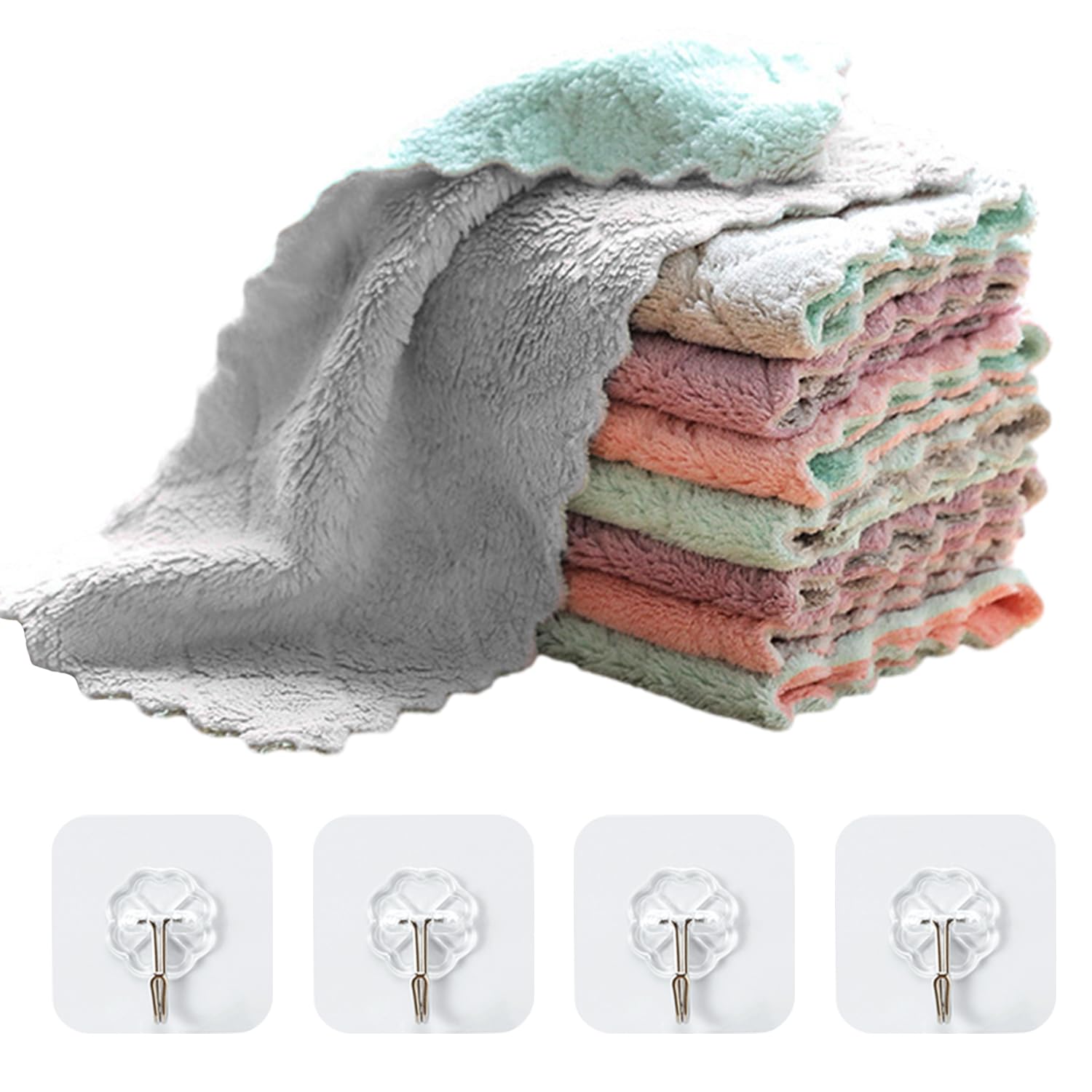8 Panni In Pile Di Corallo + 4 Ganci - Stracci Assorbenti Per Cucina E Pulizie (Multicolore)