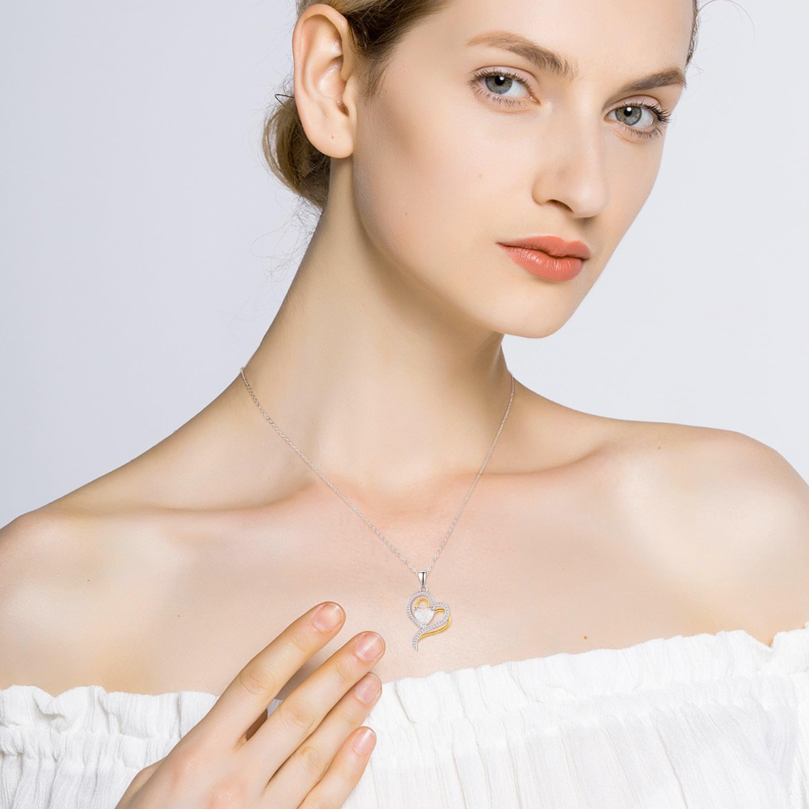 TANGPOET Collar de ópalo de plata de ley 925 con colgante de corazón, Regalos Mujer, Joyería de cumpleaños para mujeres y niñas, Plata esterlina