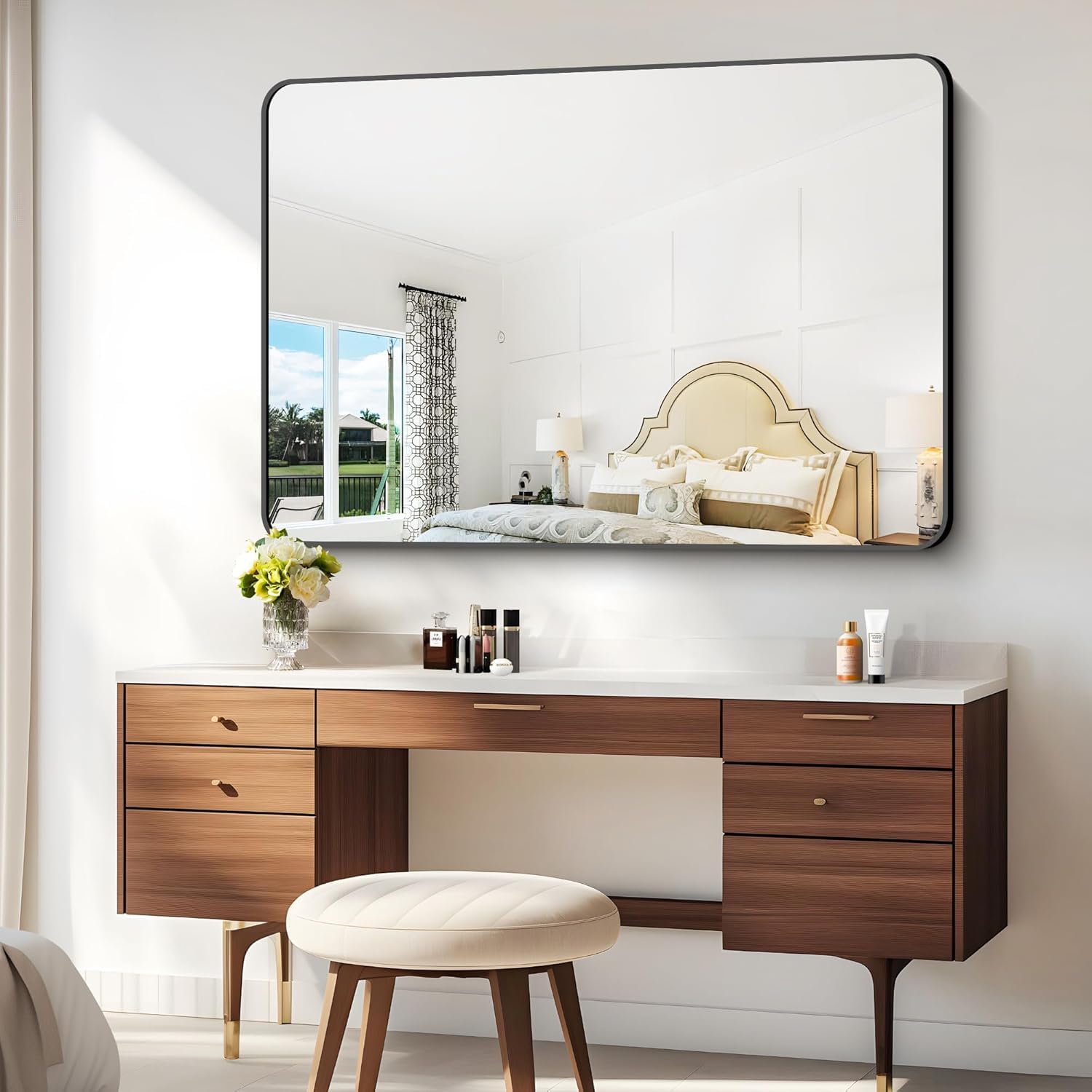 48"x30" Bathroom Mirror, Black Rectangle Mirror,Large Wall Mounted Bathroom Frame Vanity Mirror with Round Corner for Living Room,Entryway Hangs Horizontally (Black-Round Corner, 75x120cm)