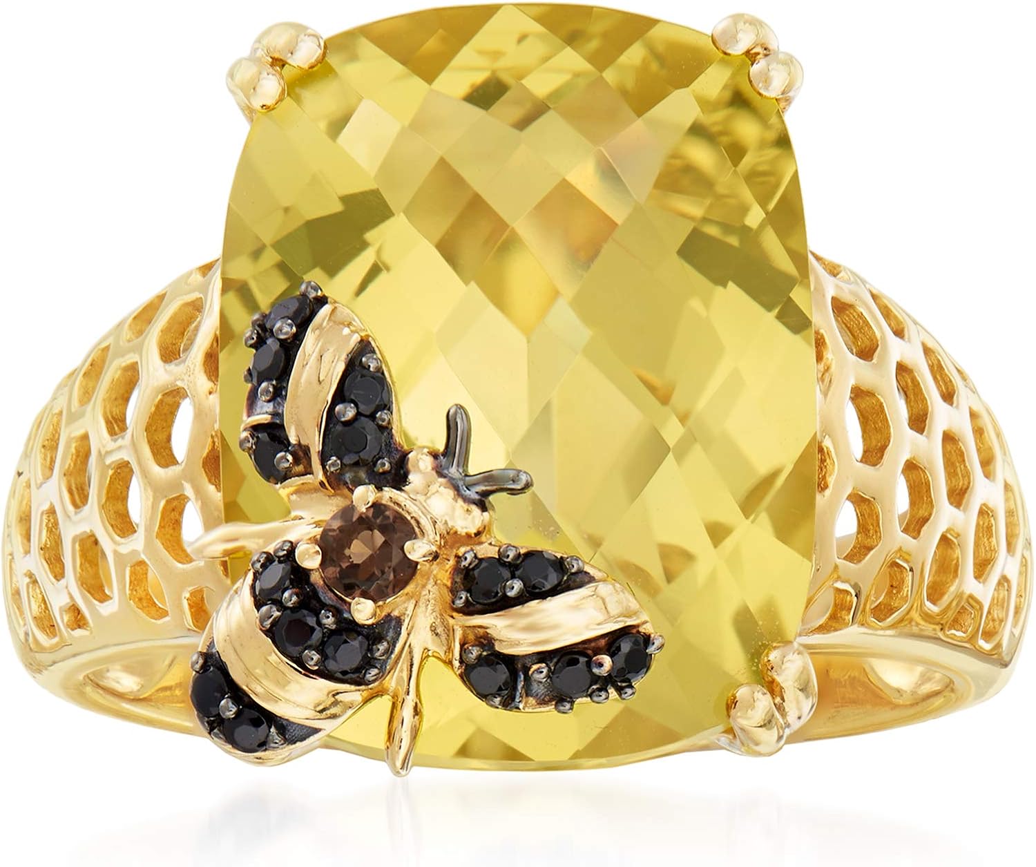 Ross-Simons 8.75 Carat Lemon Quartz Bumblebee Ring With Smoky Quartz and Black Spinels in 18kt Gold Over Sterling