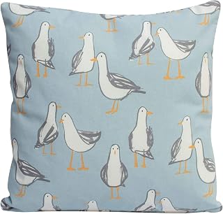 Linen Loft Cartoon Seagull Filled Cushion. Soft Duck Egg Blue. Fun Nautical Seaside Marine Beach Design. 17x17 Square Cushion. (Feather Filled)