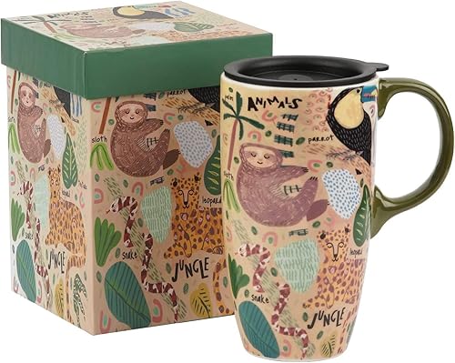 Miniatura 8 de DUSVALLY Taza de viaje de cerámica con asa, tapa deslizante resistente a salpicaduras, perfecta para café y té, apta para microondas y lavavajillas,