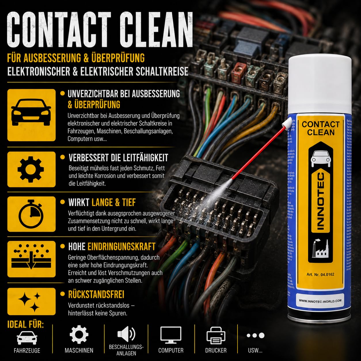 4 Stück Innotec Kontakt Spray - Contact Clean - Elektronikreiniger - Reinigung und Schutz von elektronischen Kontakten - hochaktiver, schnell ablüftender Reiniger für elektronische Kontakte & Bauteile