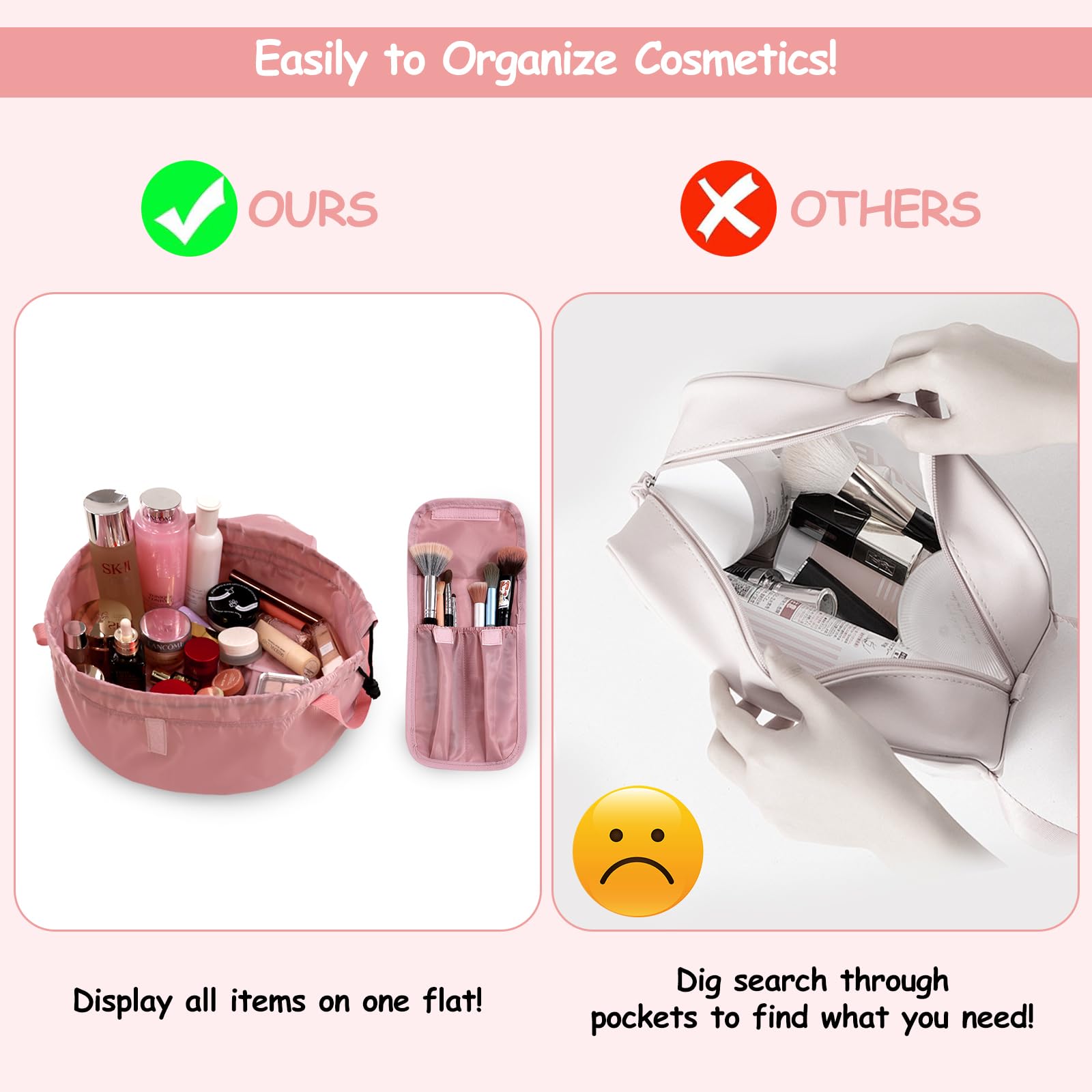 Drawstring Cosmetic Bag for Women - Barrel Drawstring Makeup Bag Lay Flat for Travel Toiletry Bag with Brush Bag (Pink) - Image 4