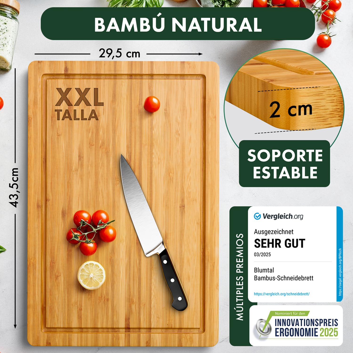 Blumtal Tabla De Cocina 100% Bambú - Tabla de Cortar de madera Resistente, Antiséptica, 43,5 x 29,5 cm