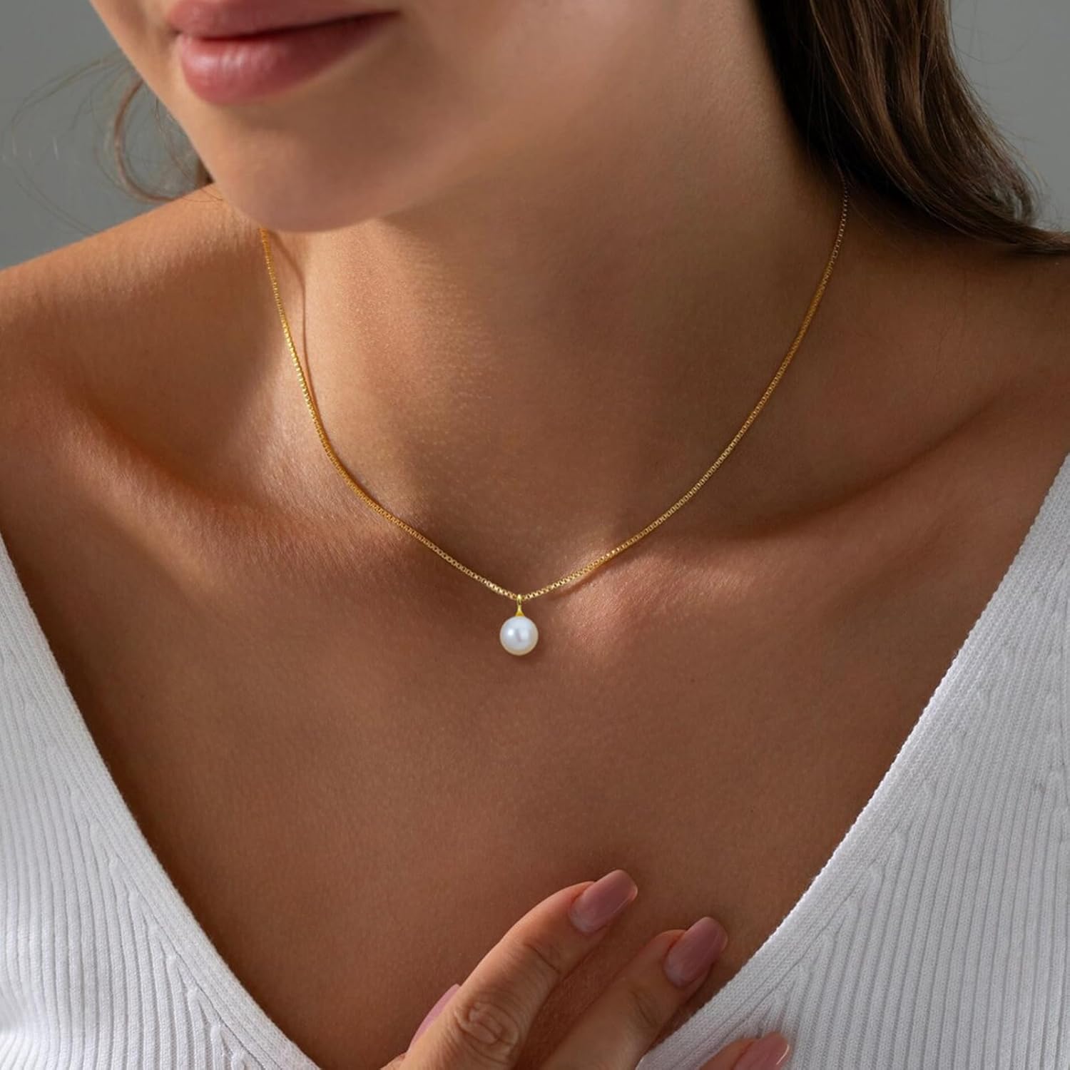 Gold Pearl Necklace for Women Trendy, Simple 14K Gold Plated Box Chain Choker, Dainty Charm Necklace - Image 4