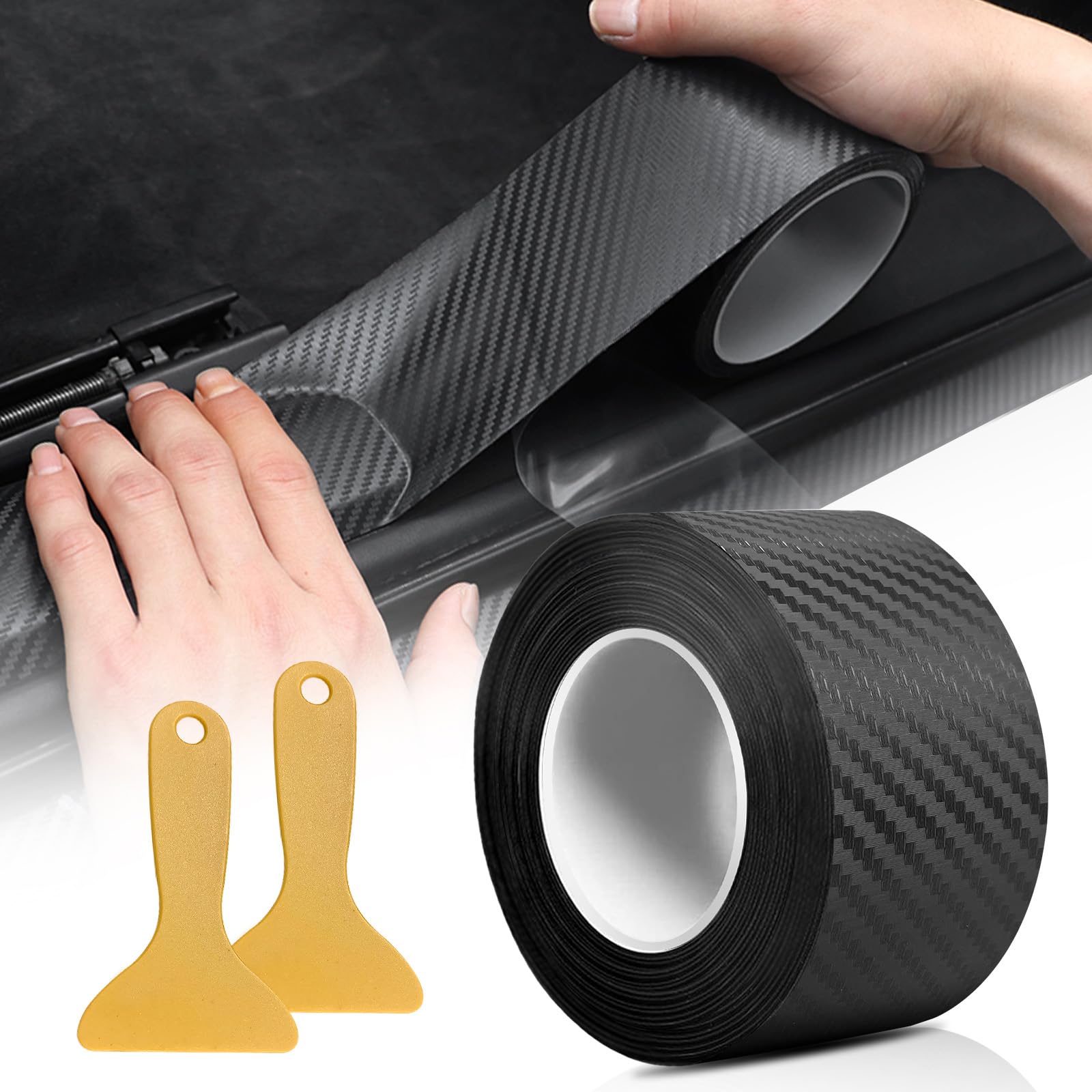 pangdapengpeng Carbon Folie Auto, 5 cm x 10 m Einstiegsleisten Schutz, Selbstklebend Auto Einstiegsleisten Schutz mit 2 Kunststoffschabern für Die Meisten Autos wie SUVs und Limousinen (Schwarz 10m)