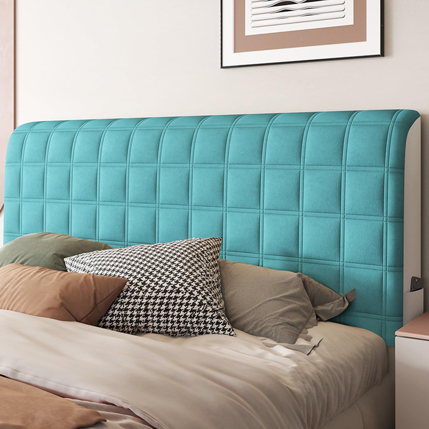 Lujosa funda para cabecero de cama de terciopelo suave y elástico, acolchada y lavable, protección contra el polvo, color beige y blanco, 100 cm
