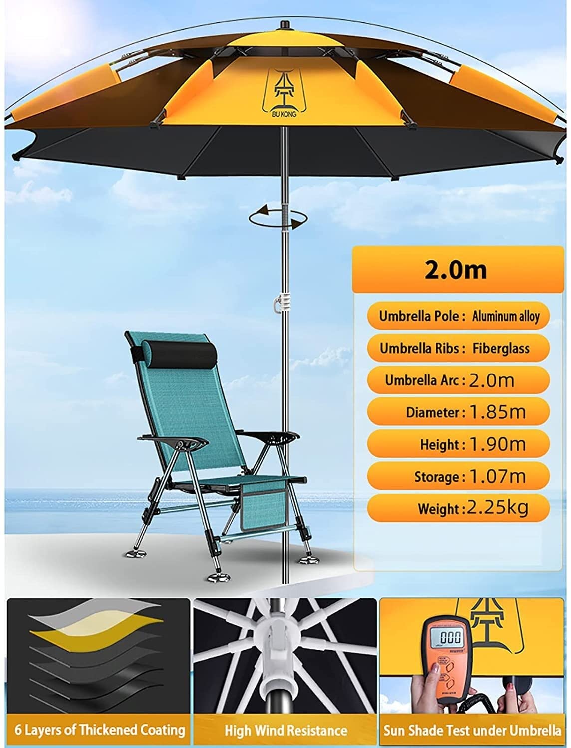 Parasole Duży parasol wędkarski Fishing Fishings Ochrona przeciwsłoneczna Izolacja cieplna Odporność deszczowa i stabilna (Size : 2.0m (6.56ft))