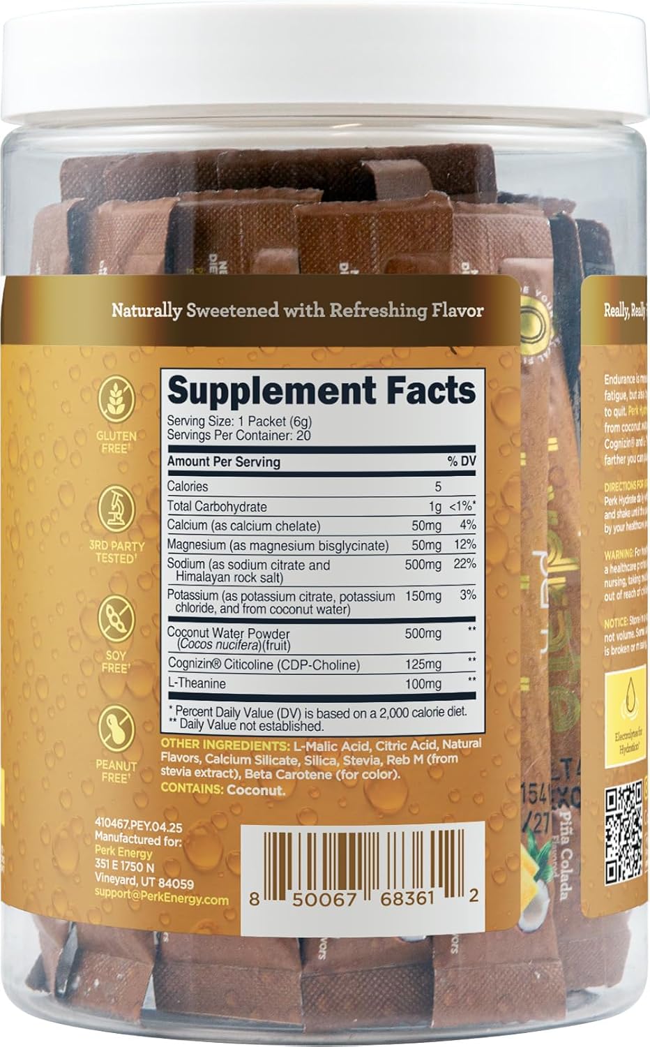 Perk Hydrate Electrolyte Stickpacks (Pina Colada) 20 Packets - Coconut Water, CDP-Choline, L-Theanine, Gluten-Free, Keto Friendly, Vegan