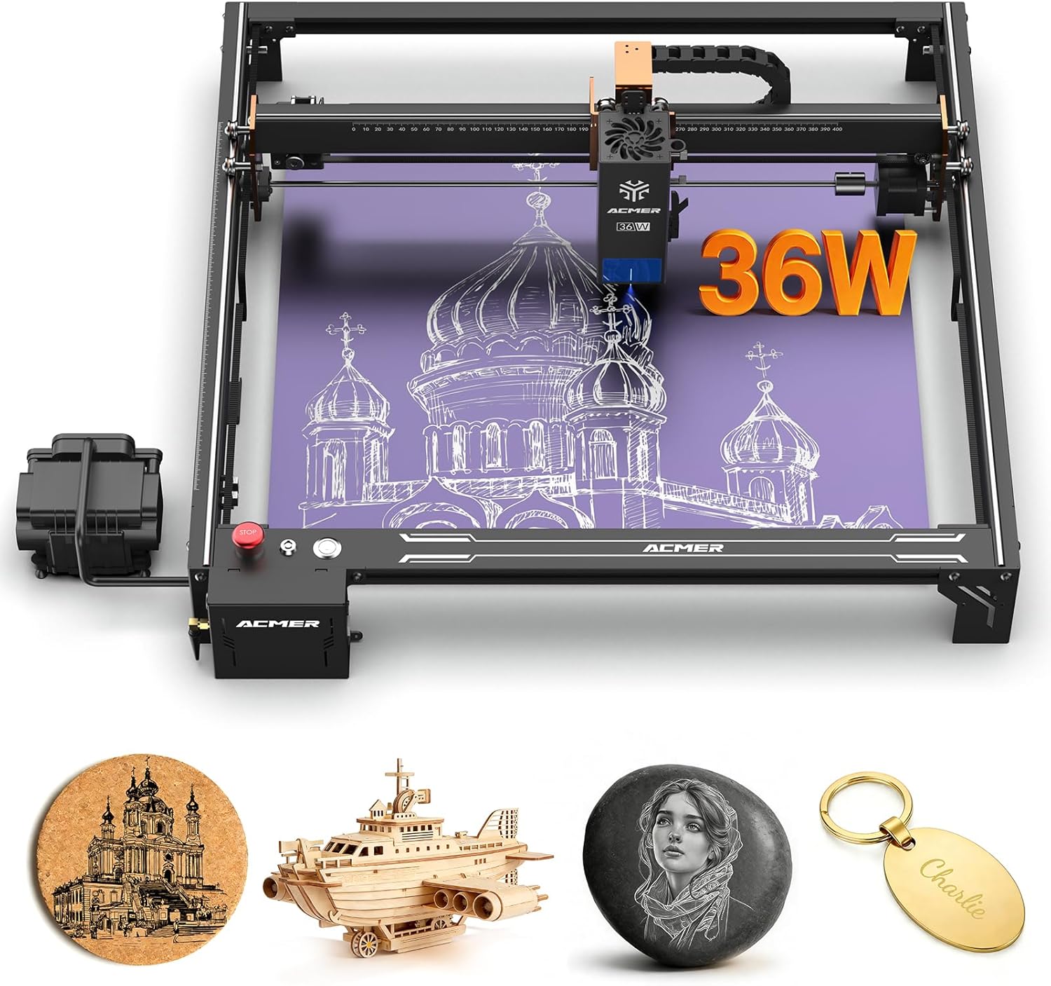 ACMER S2 Pro Laser Engraver, 36000mW Laser Cutting Machine with Built-in 30L Air Pump, 400 * 400mm Engraving Area, High-Speed, WiFi & TF Card, for DIY Projects and Small Busines