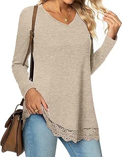Women's Tops Fall Long Sleeve Tunics Loose Dressy Casual Shirts Lace Hem Sweatshirt for Leggings
