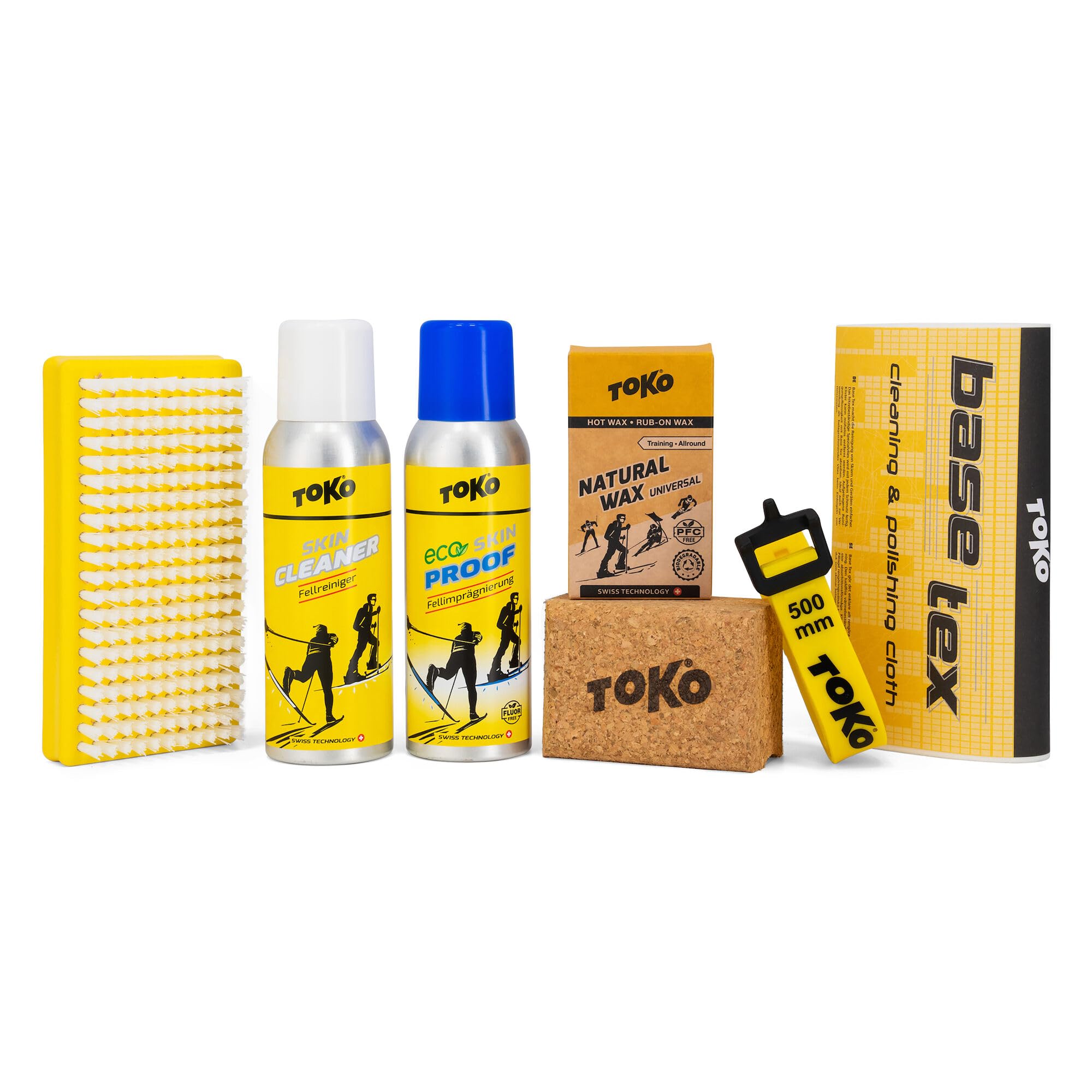 TOKO Ski Touring Essentials Kit - Skinproof, Skin Cleaner, Natural Wax (40g), Natural Cork, Nylon Brush, Base Tex, and a Ski Touring Strap