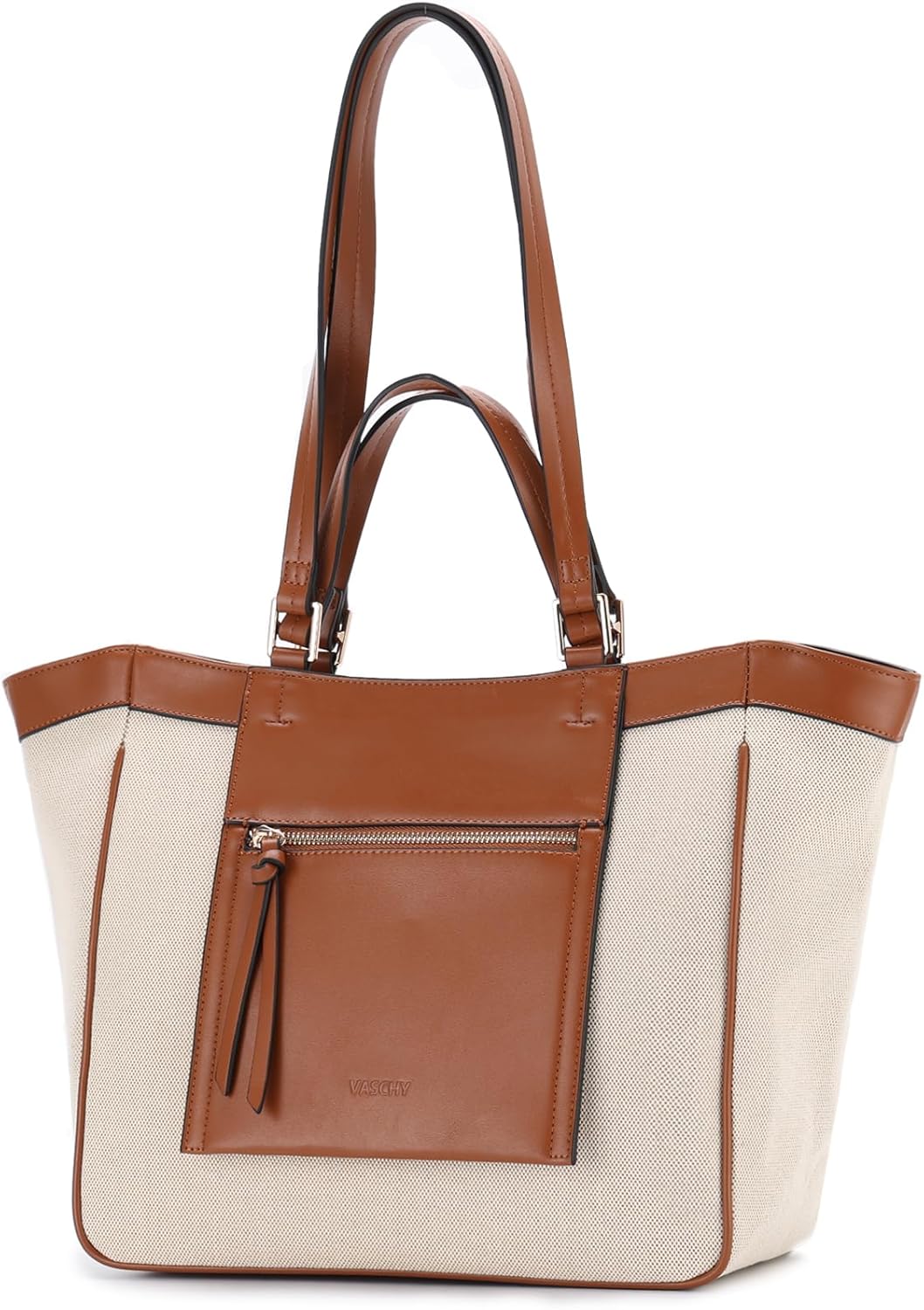 VASCHY Tote Bag Purse for Women, Fashion Canvas Vegan Leather Patchwork Satchel Shoulder Bag Handbag for Work