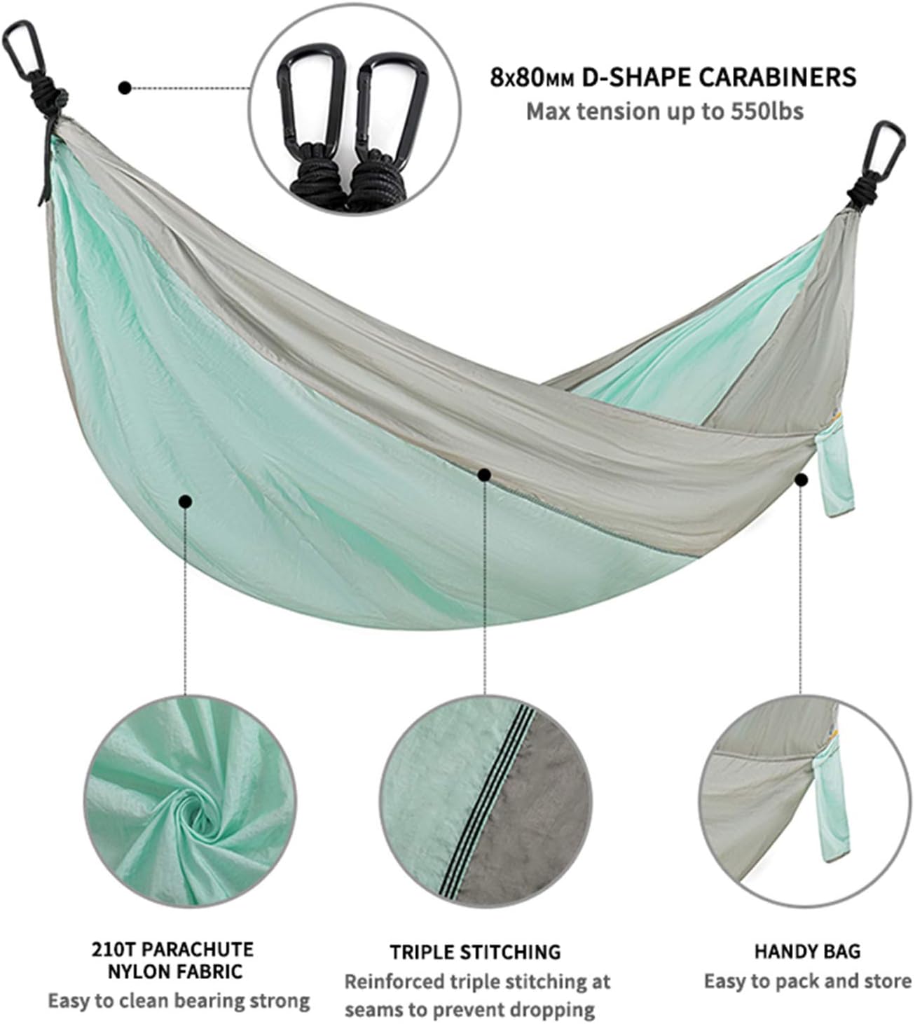 Single & Double Camping Hammock with 2 Tree StrapsLightweight Portable Parachute Nylon Hammock Set for Travel, Backpacking,Beach,Yard and Outdoor Survival (Silver Grey/Mint Green, Twin)